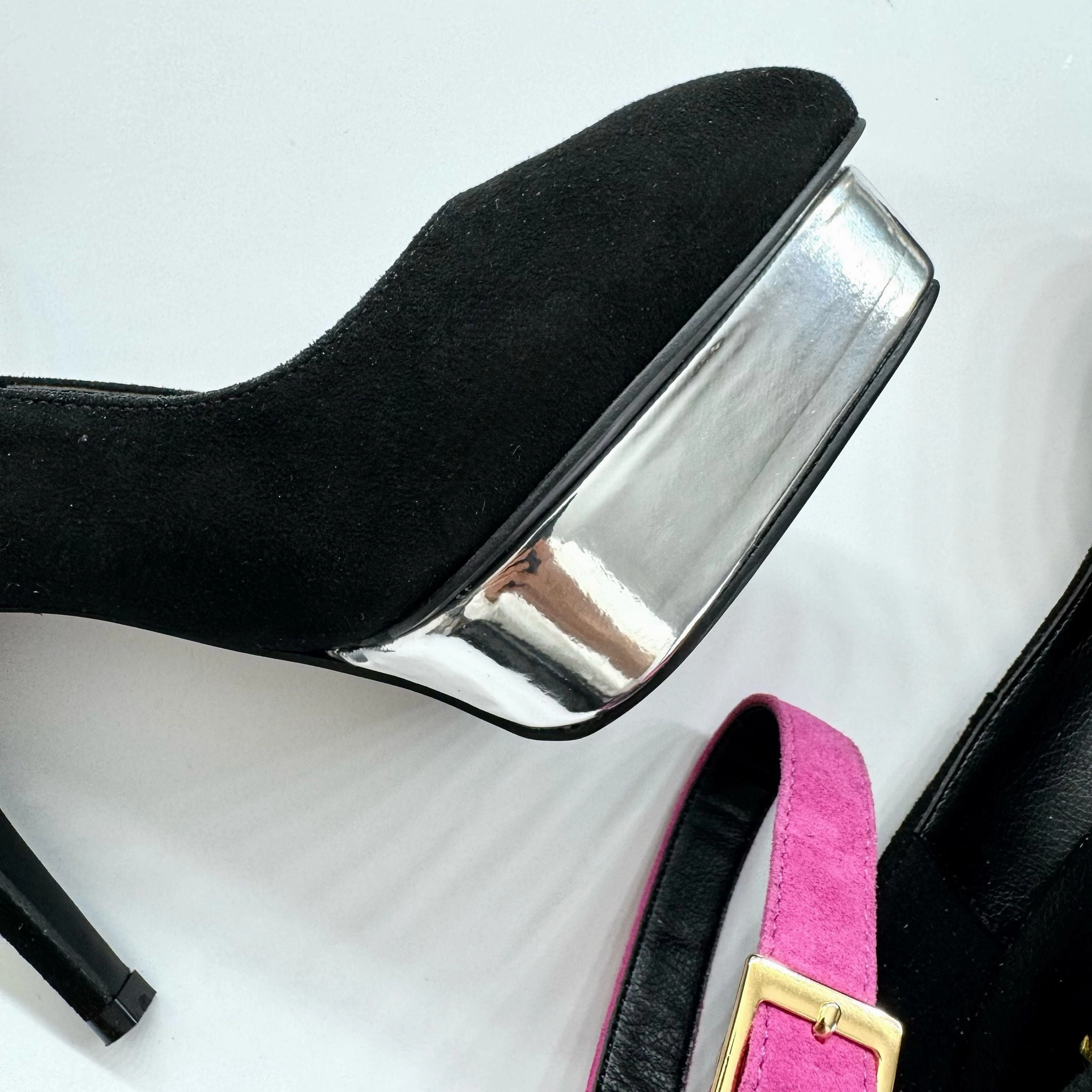 *UK size 2 - LUXX - platform heels (custom BLACK version -silver base - strap hot pink) 10/2cm heels