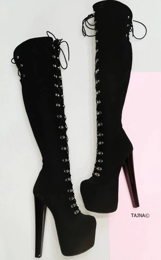 Black Suede Military Style Chunky Heel Boots