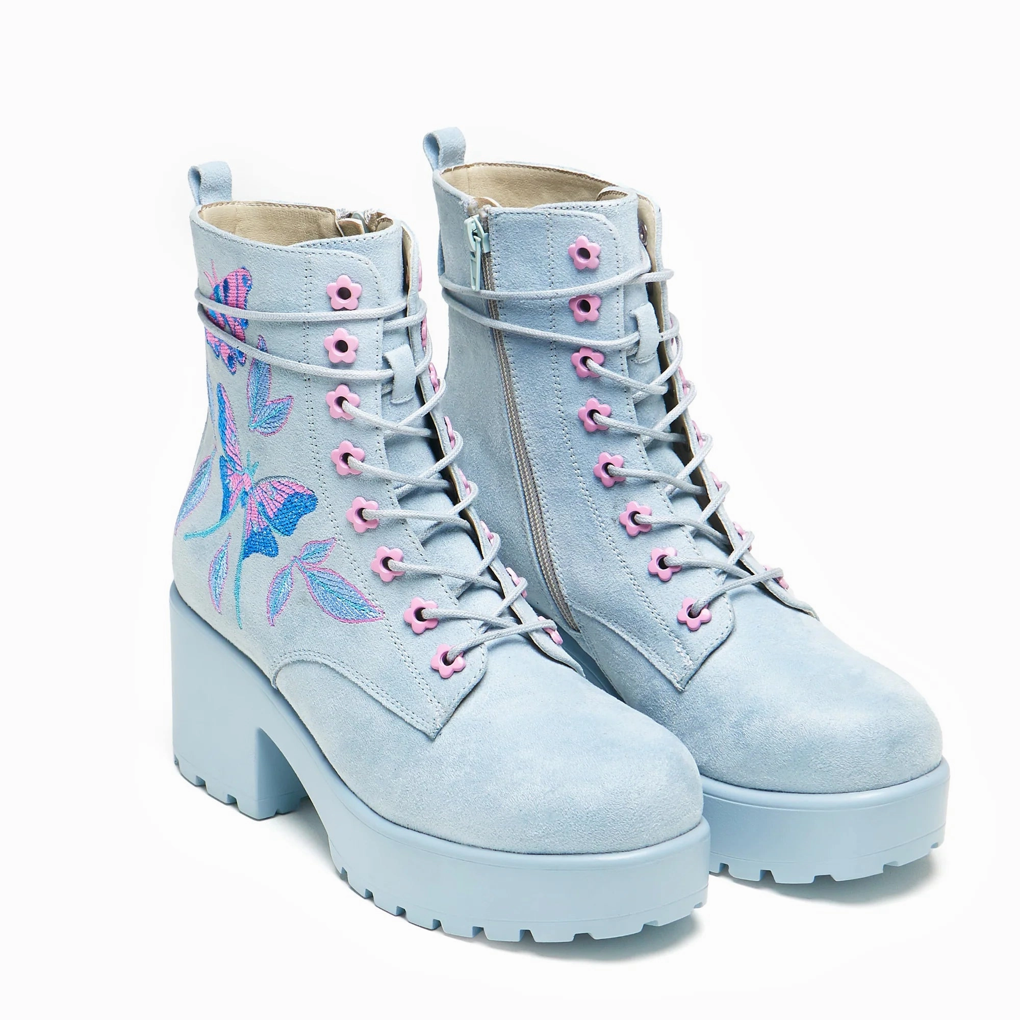 Butterfly Dune Suede Platform Military Boots - Blue