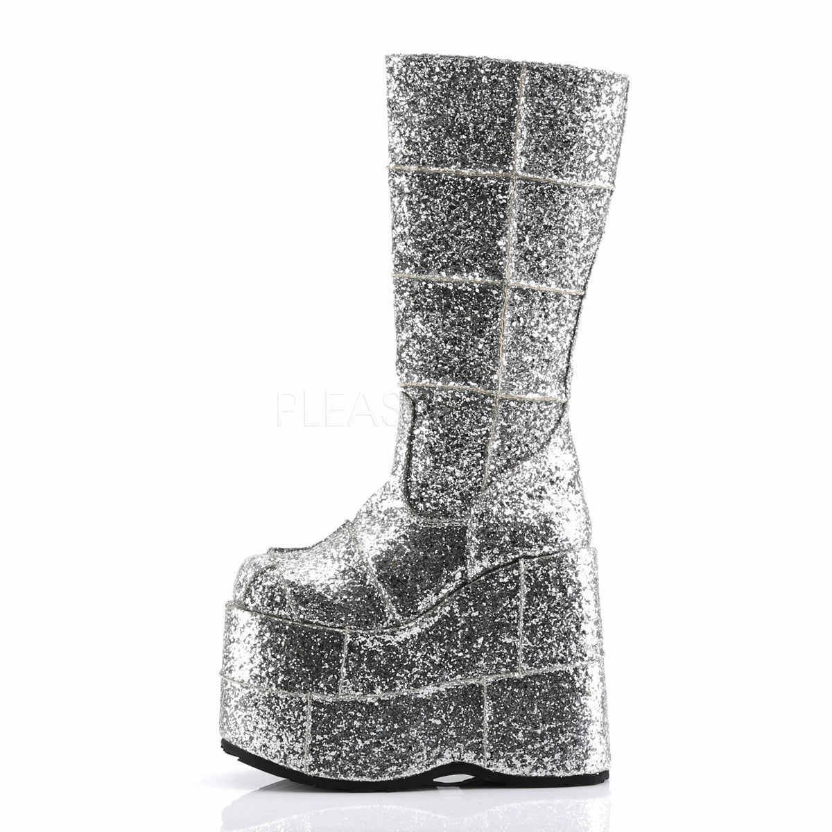 DEMONIA STACK-301G Men's Sliver Glitter Vegan Boots
