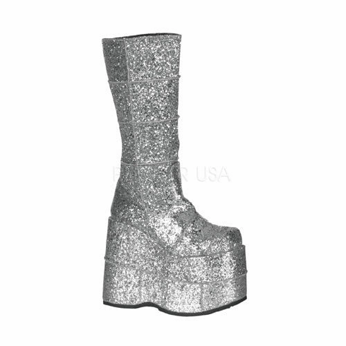 DEMONIA STACK-301G Men's Sliver Glitter Vegan Boots