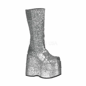 DEMONIA STACK-301G Men's Sliver Glitter Vegan Boots