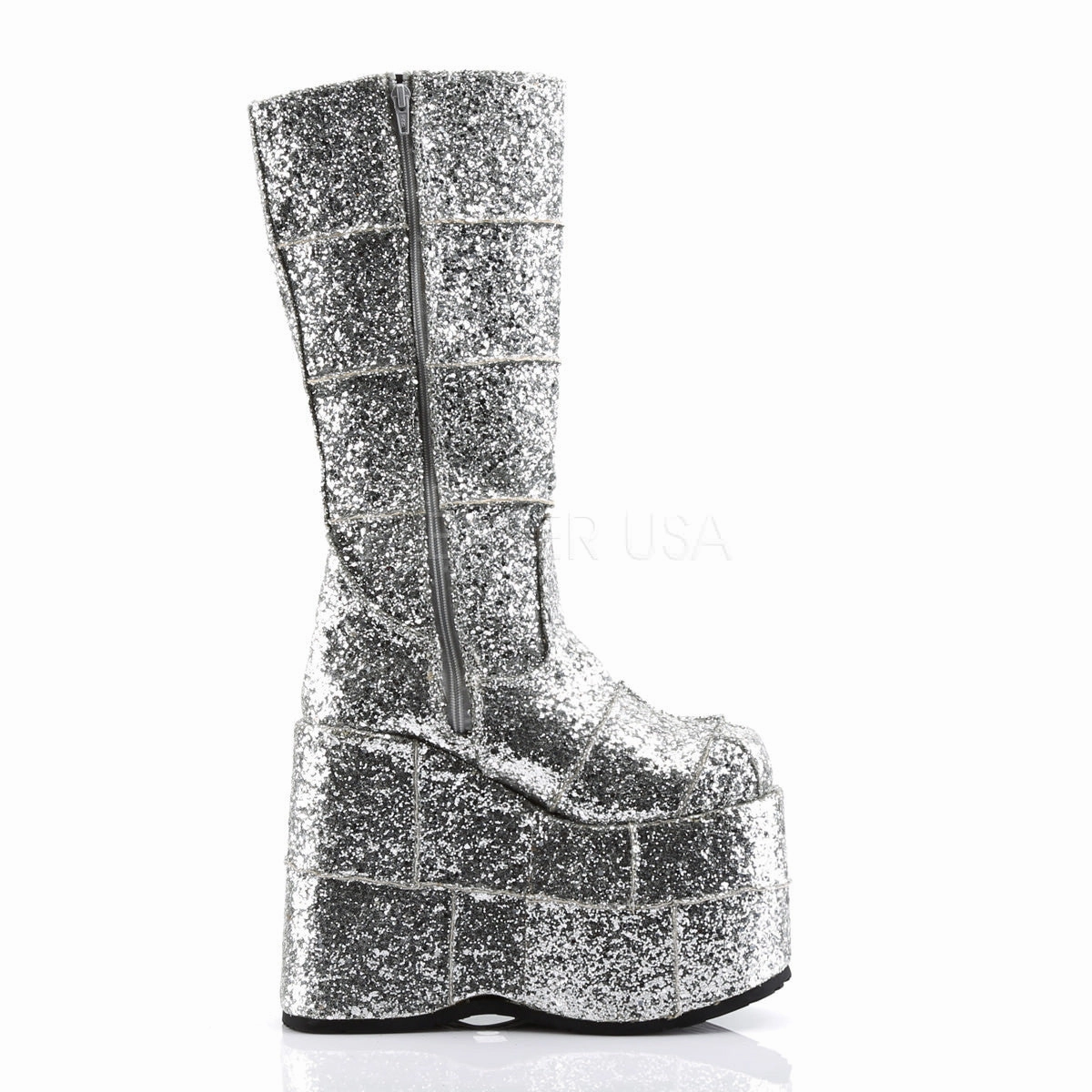 DEMONIA STACK-301G Men's Sliver Glitter Vegan Boots