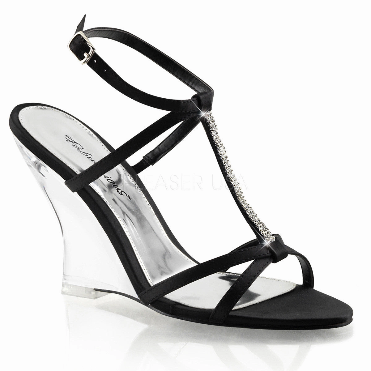FABULICIOUS LOVELY-428 Black Satin-Clear Slingback Wedges