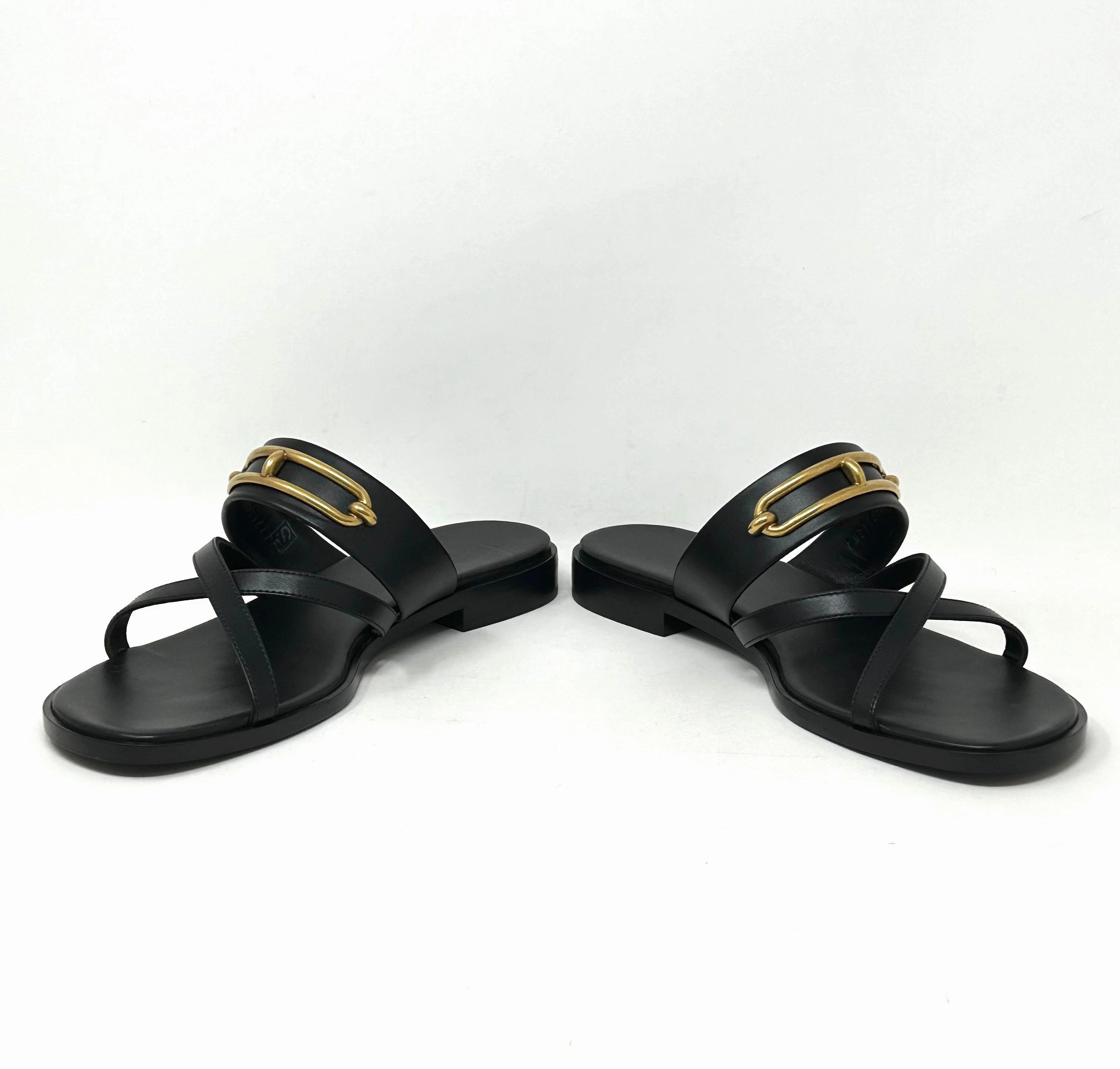 Hermes Claire Black Leather Aged Gold Buckle Sandals 38 UK 5