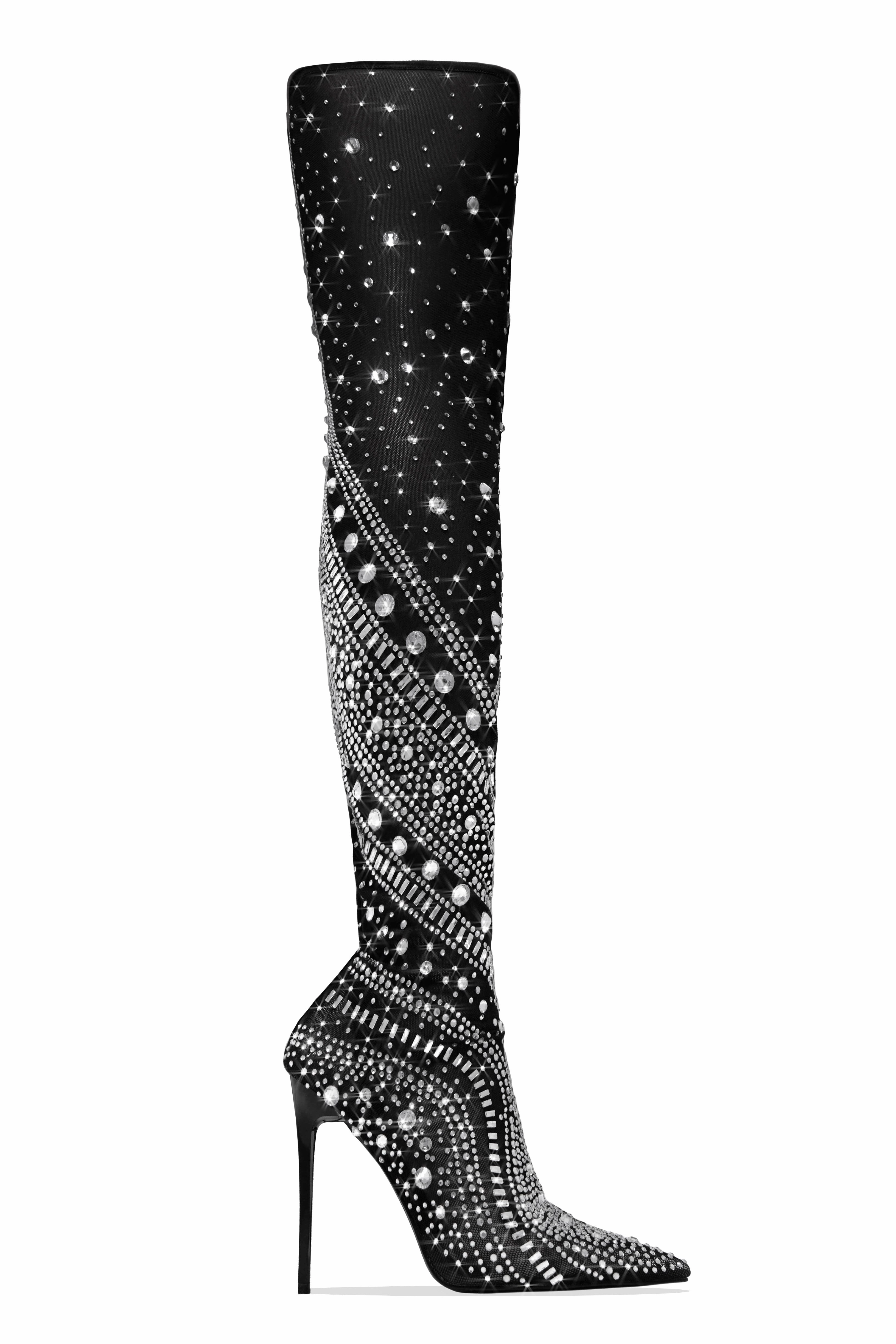 Jaw Dropping Embellished Over The Knee Boots - Nude