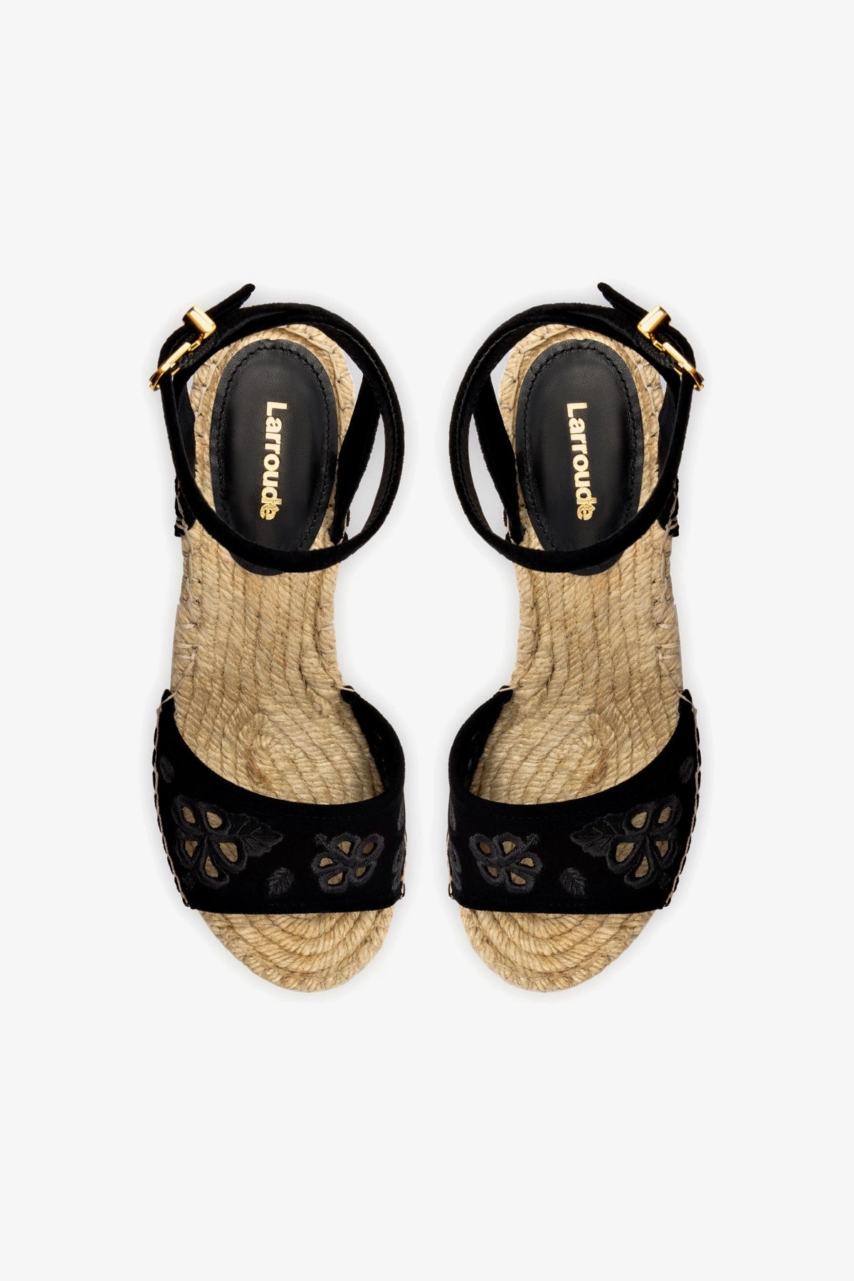 Letizia Espadrille Wedge In Black Suede and Hibiscus Broderie