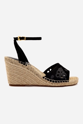 Letizia Espadrille Wedge In Black Suede and Hibiscus Broderie