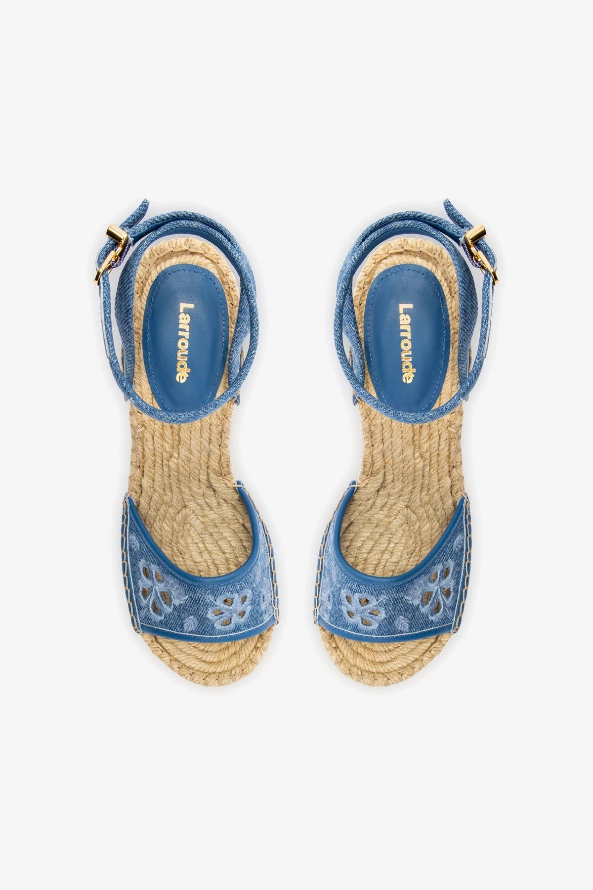 Letizia Espadrille Wedge In Blue Stoned Denim and Hibiscus Broderie