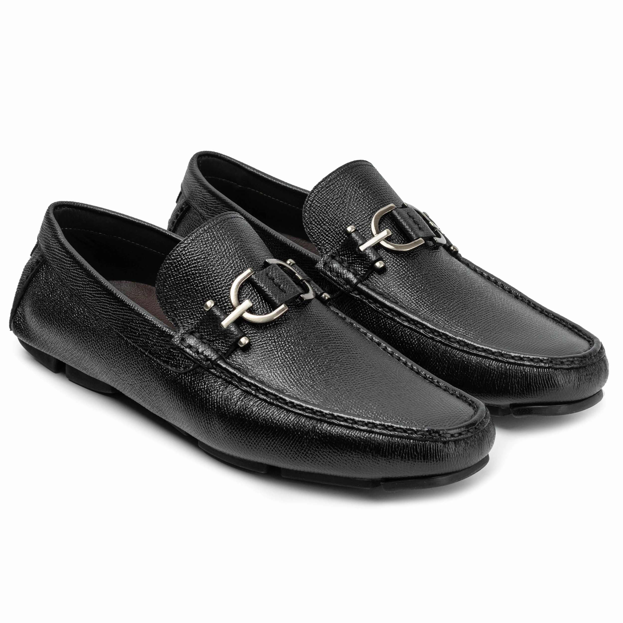 Men´s  black leather buckle driving shoes-rubber sole