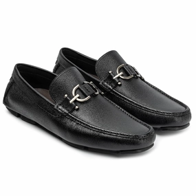 Men´s  black leather buckle driving shoes-rubber sole