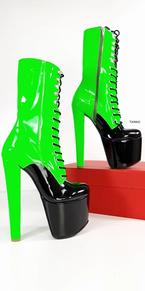 Neon Green Black Double Coloured Lace Up Boots