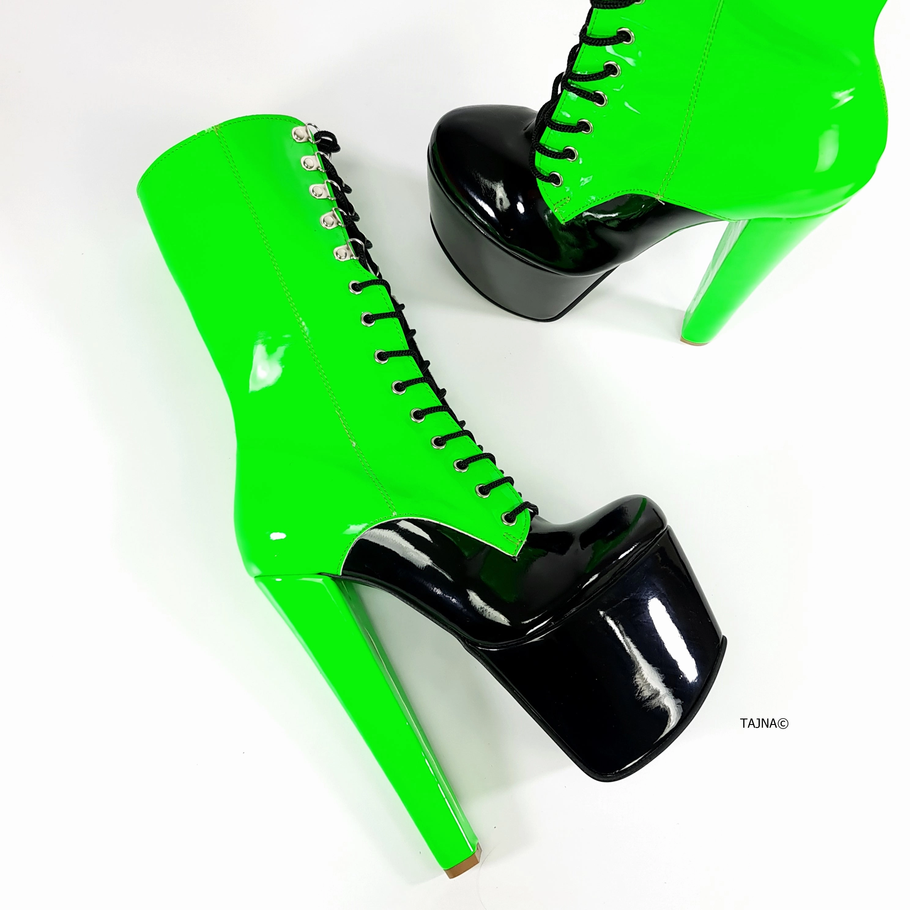 Neon Green Black Double Coloured Lace Up Boots
