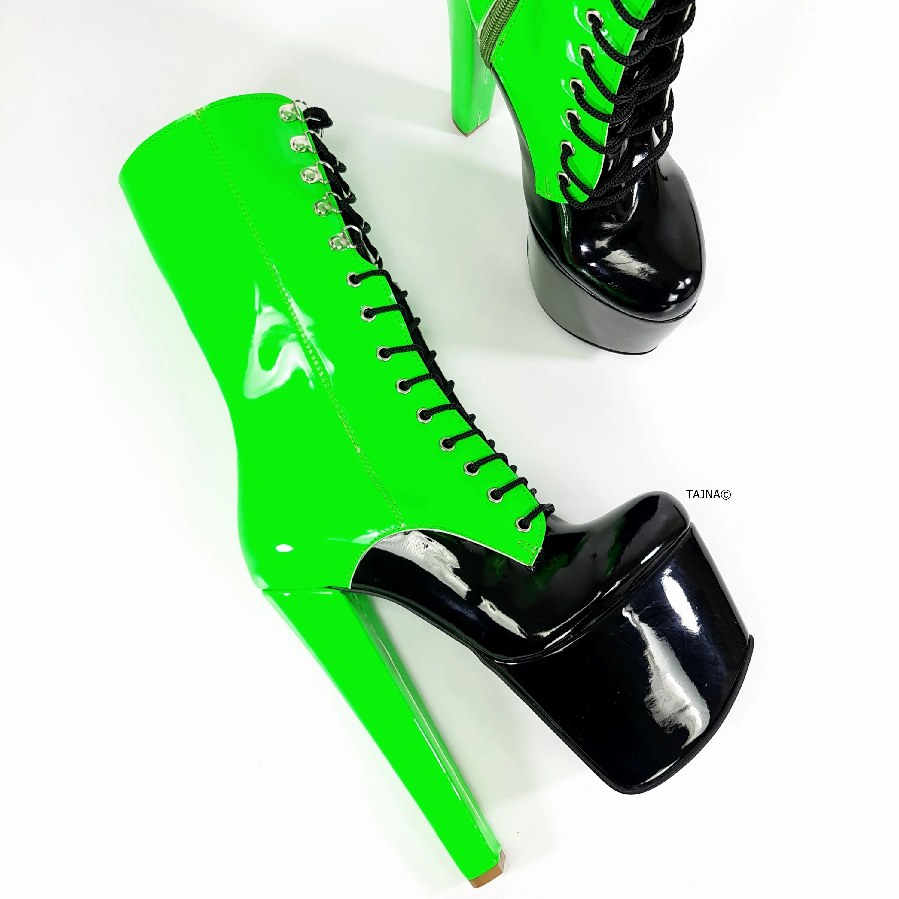 Neon Green Black Double Coloured Lace Up Boots