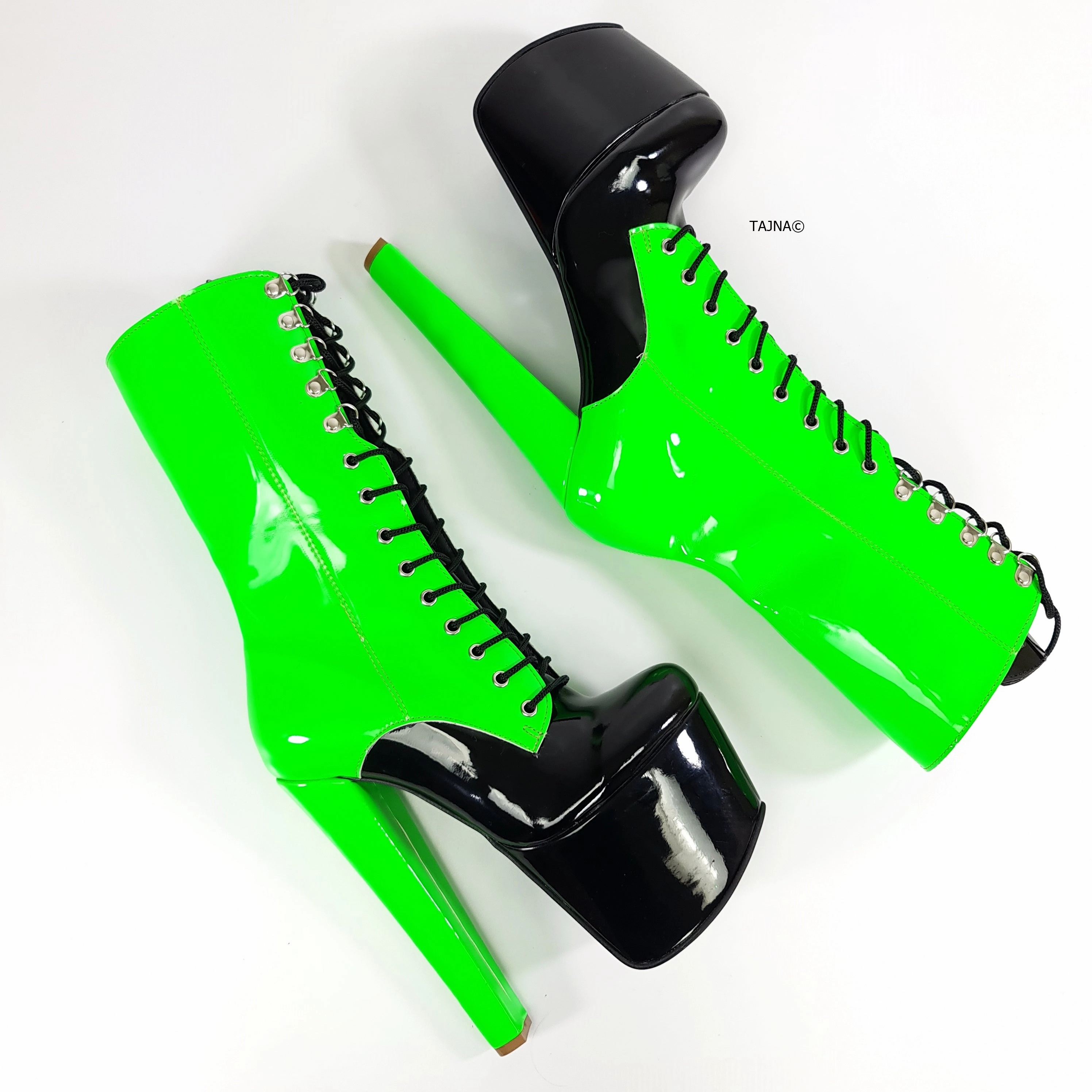 Neon Green Black Double Coloured Lace Up Boots