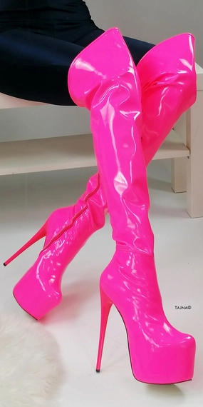 Neon Pink Thigh High Heel Boots