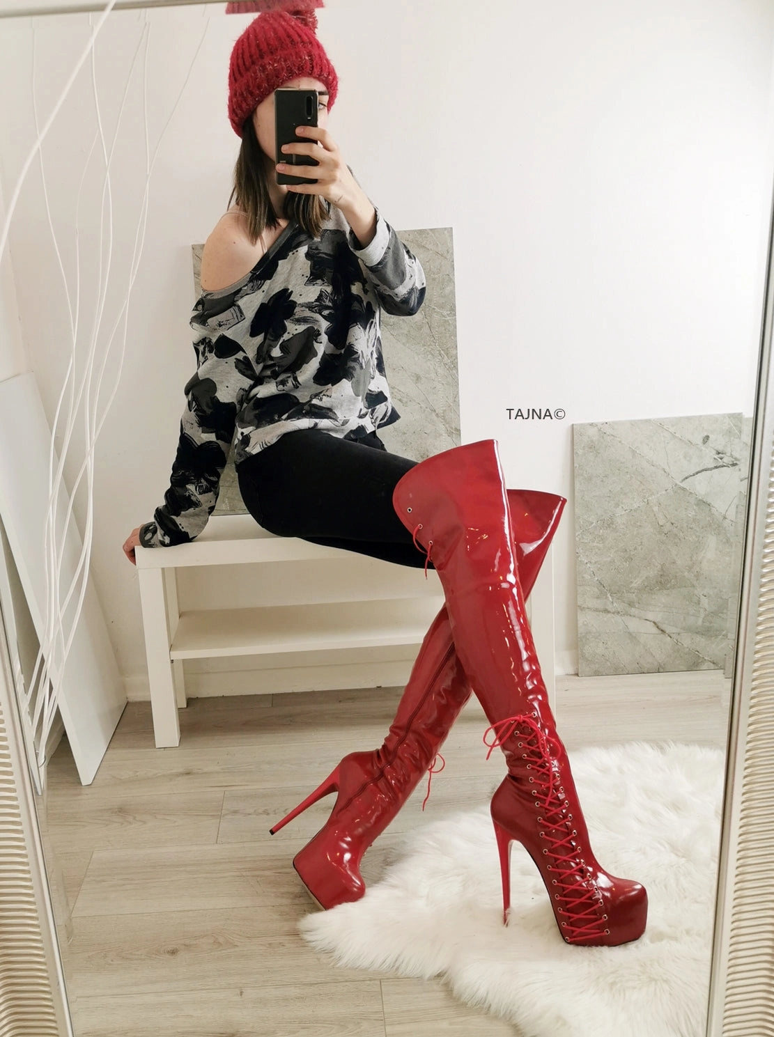 Patent Red Corset Knee High Platform Boots