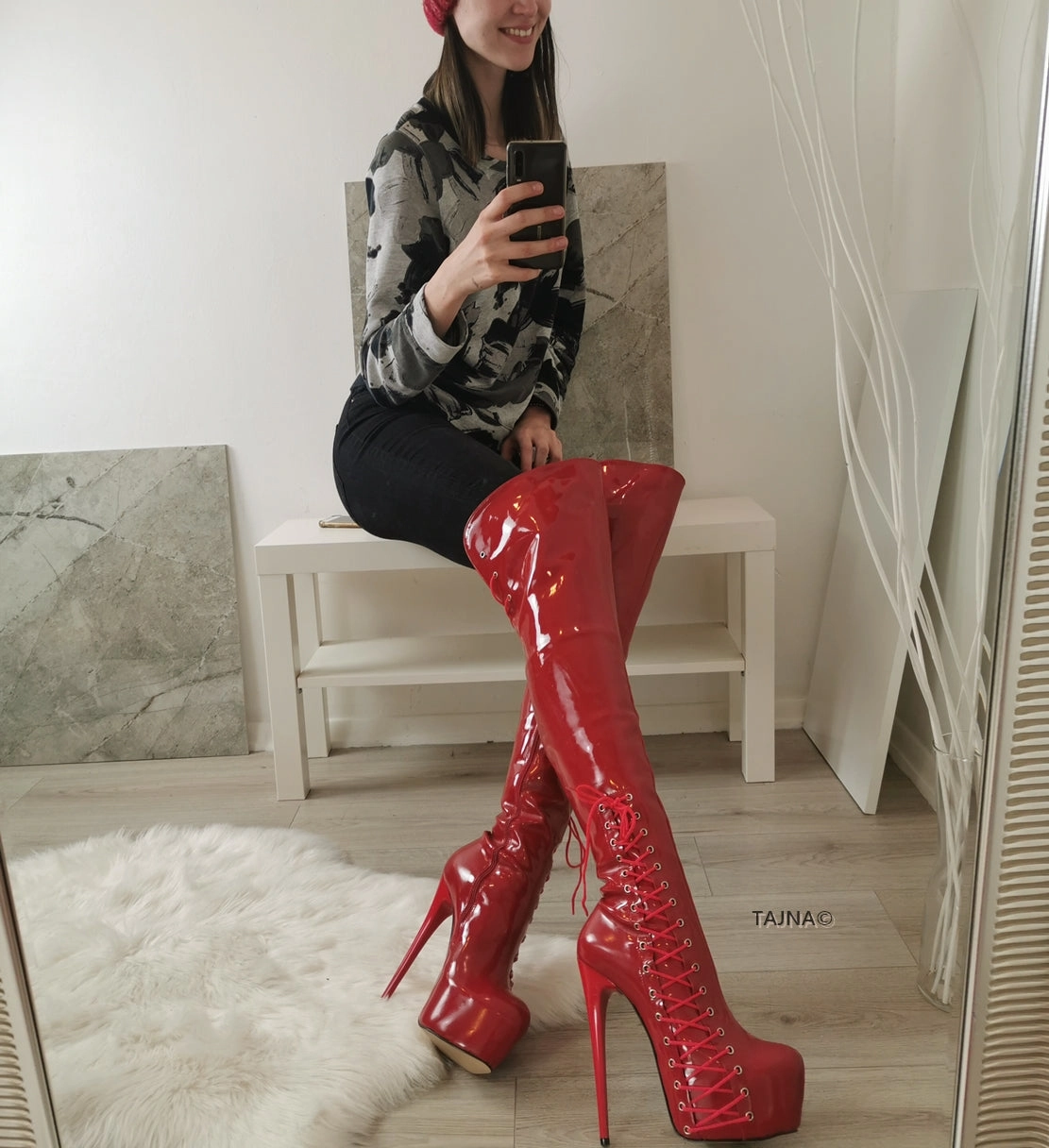 Patent Red Corset Knee High Platform Boots