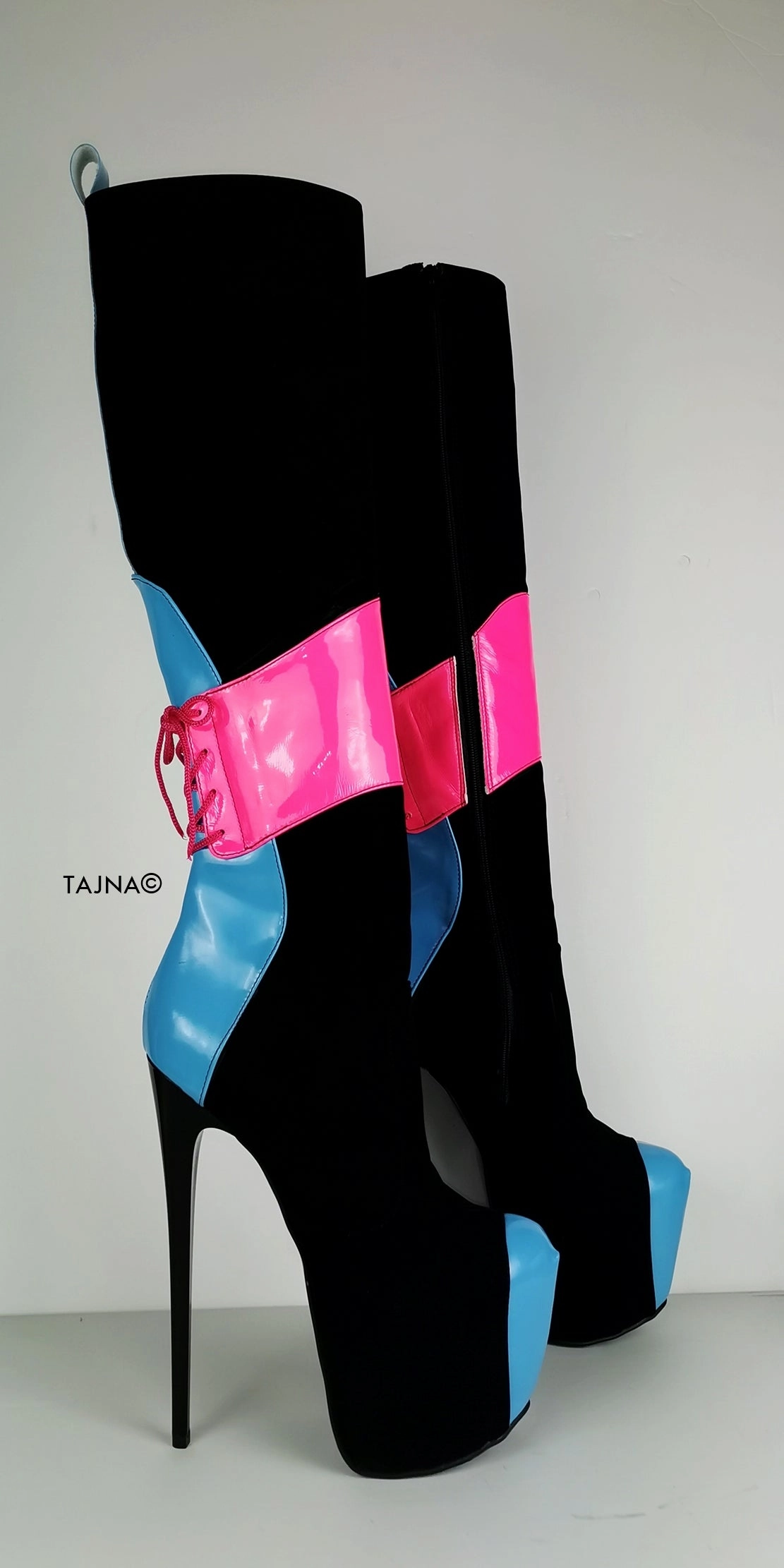 Pink Blue Gloss Black Mid-Calf Boots