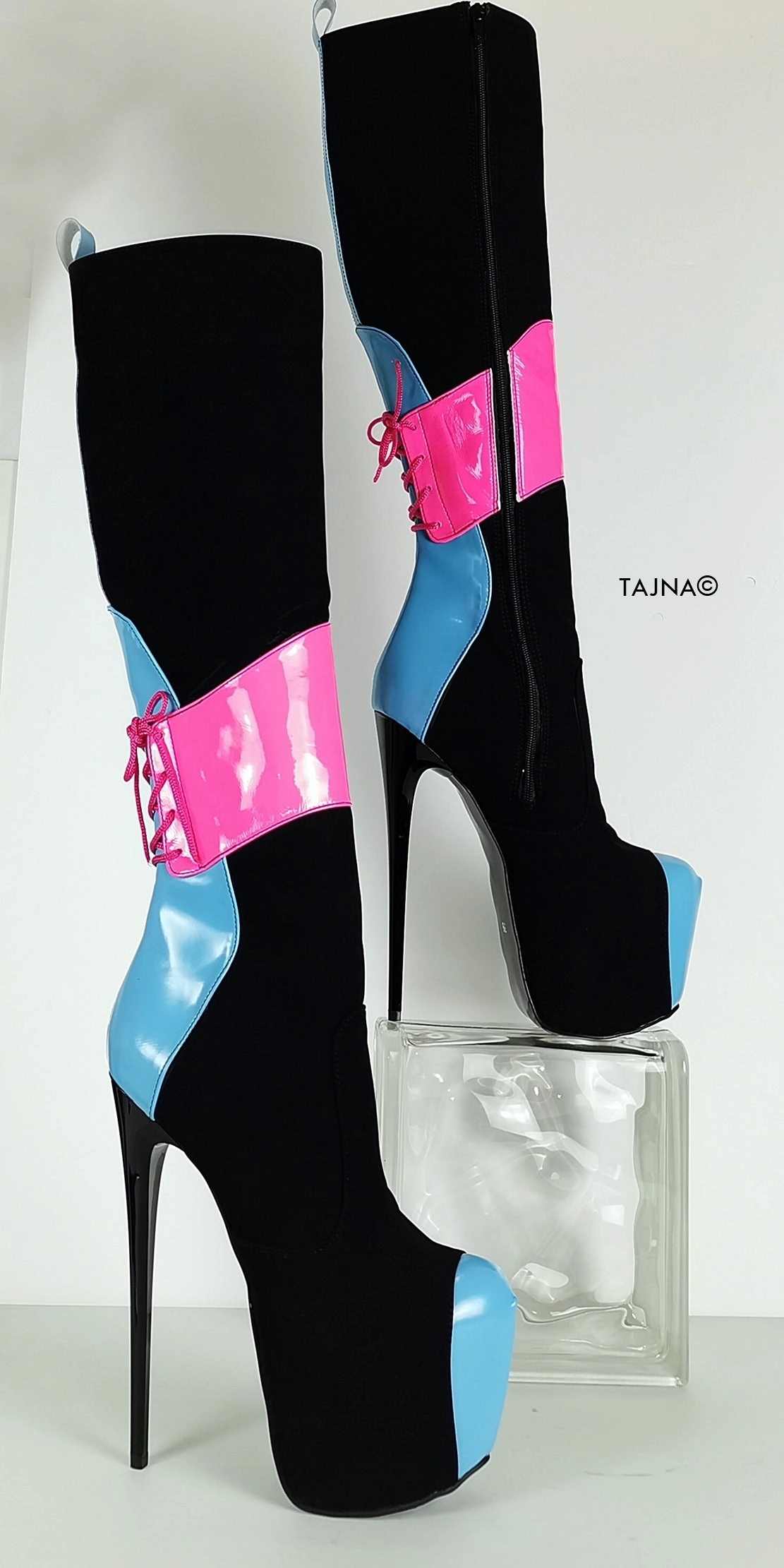 Pink Blue Gloss Black Mid-Calf Boots