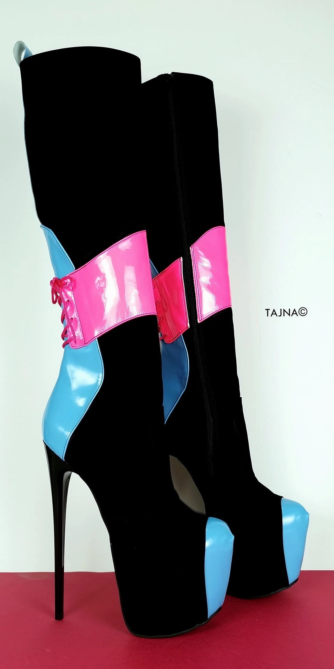 Pink Blue Gloss Black Mid-Calf Boots