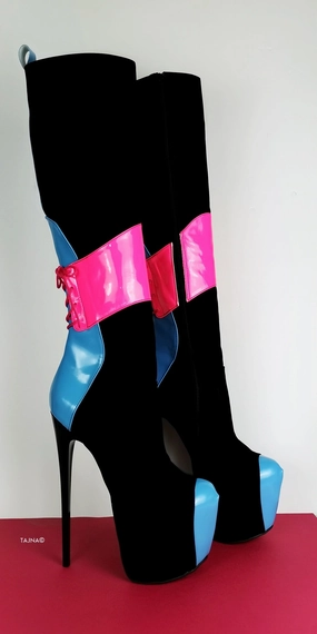 Pink Blue Gloss Black Mid-Calf Boots