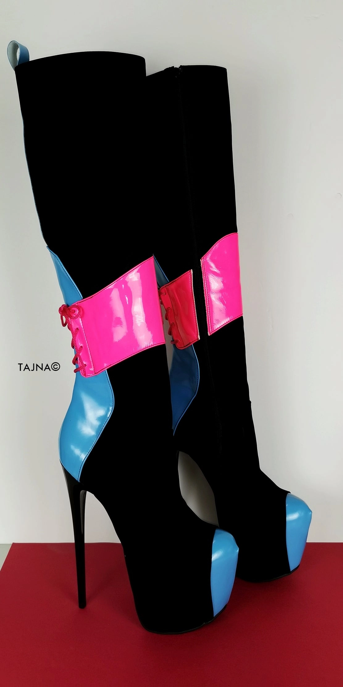 Pink Blue Gloss Black Mid-Calf Boots