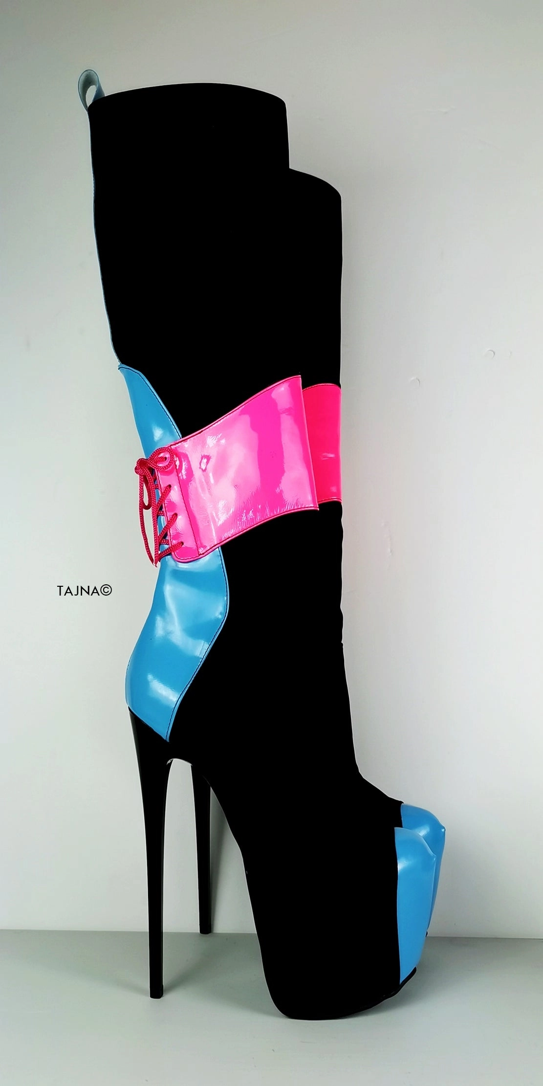 Pink Blue Gloss Black Mid-Calf Boots