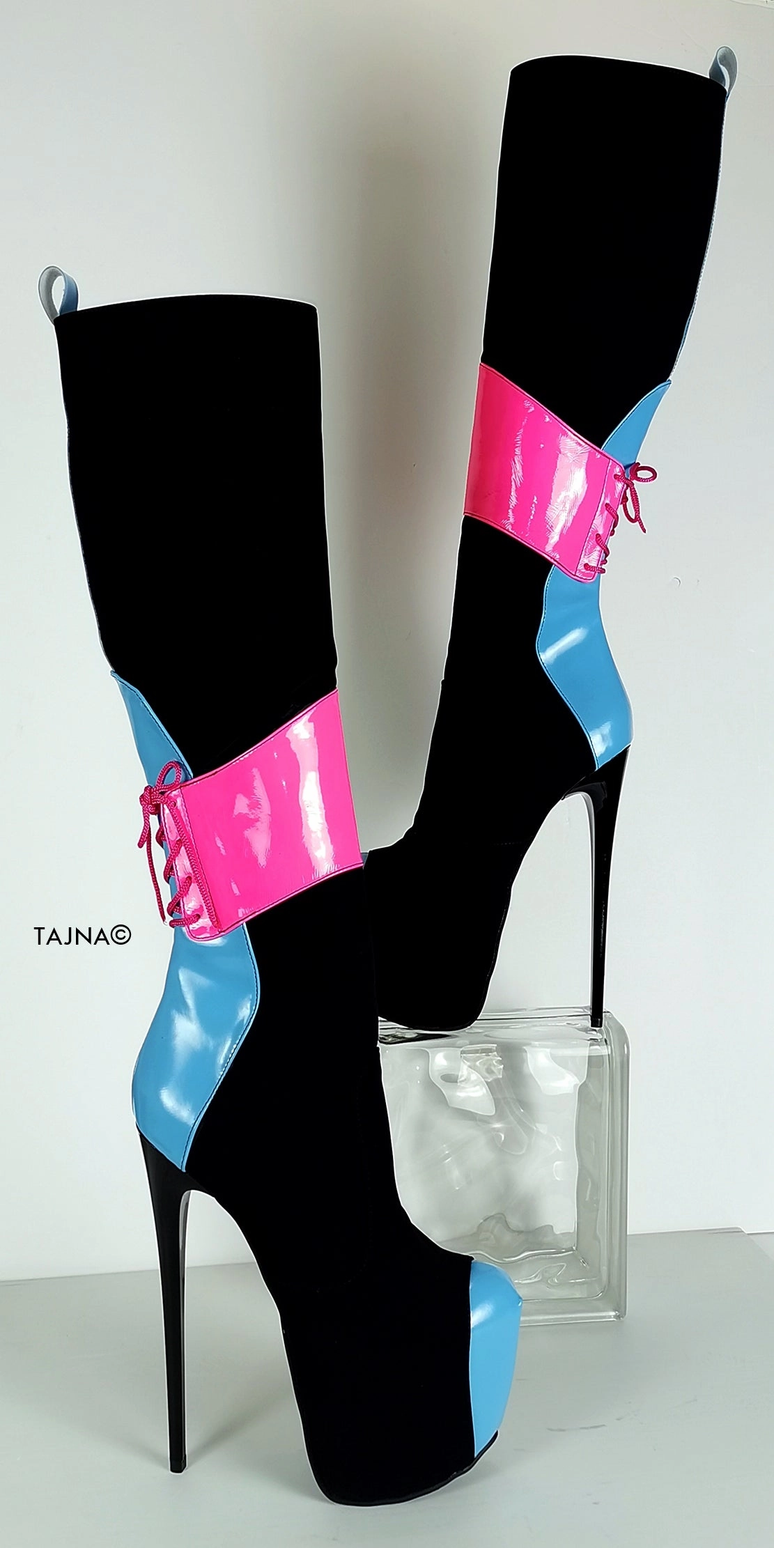 Pink Blue Gloss Black Mid-Calf Boots