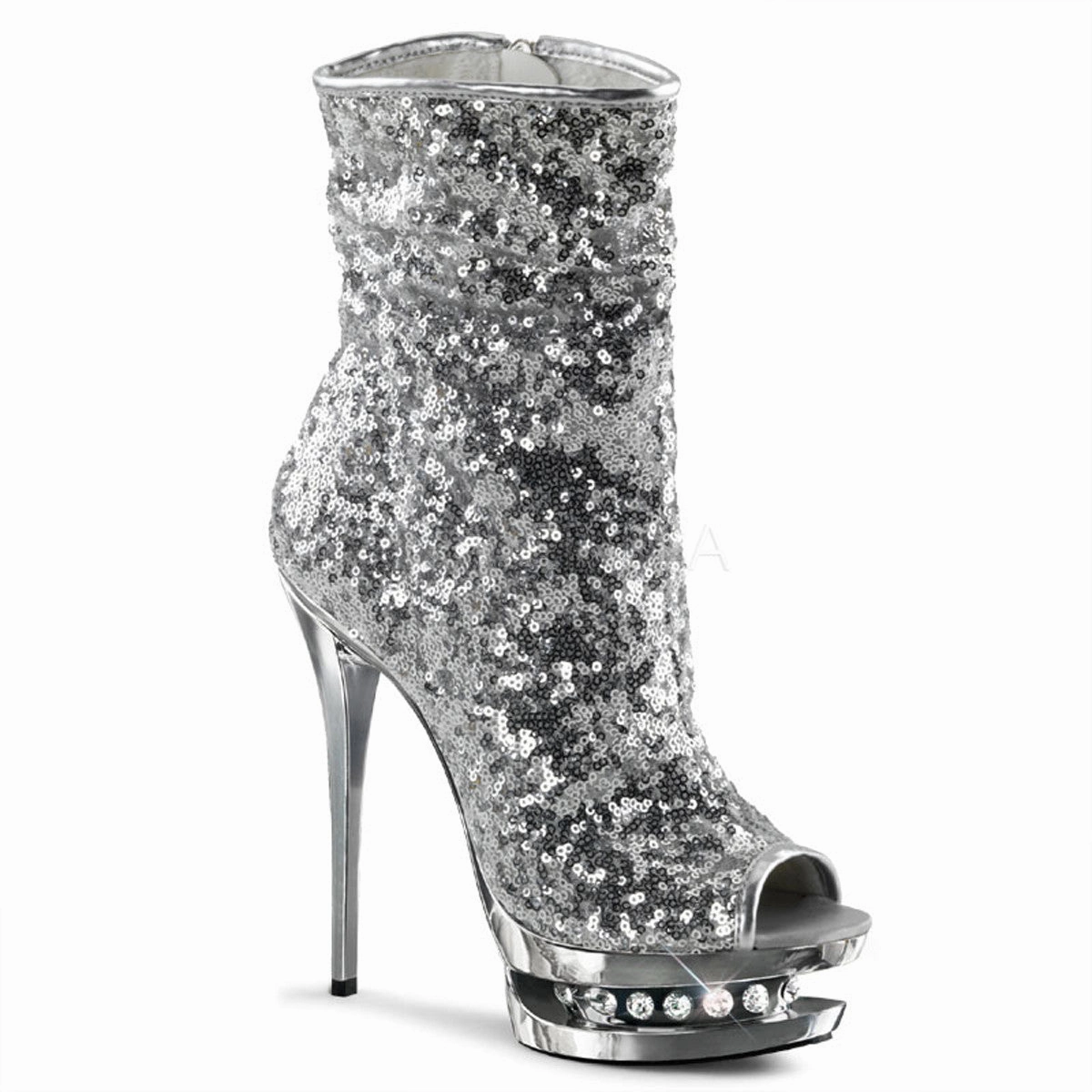 PLEASER BLONDIE-R-1008 Silver Sequins-Silver Chrome Ankle Boots