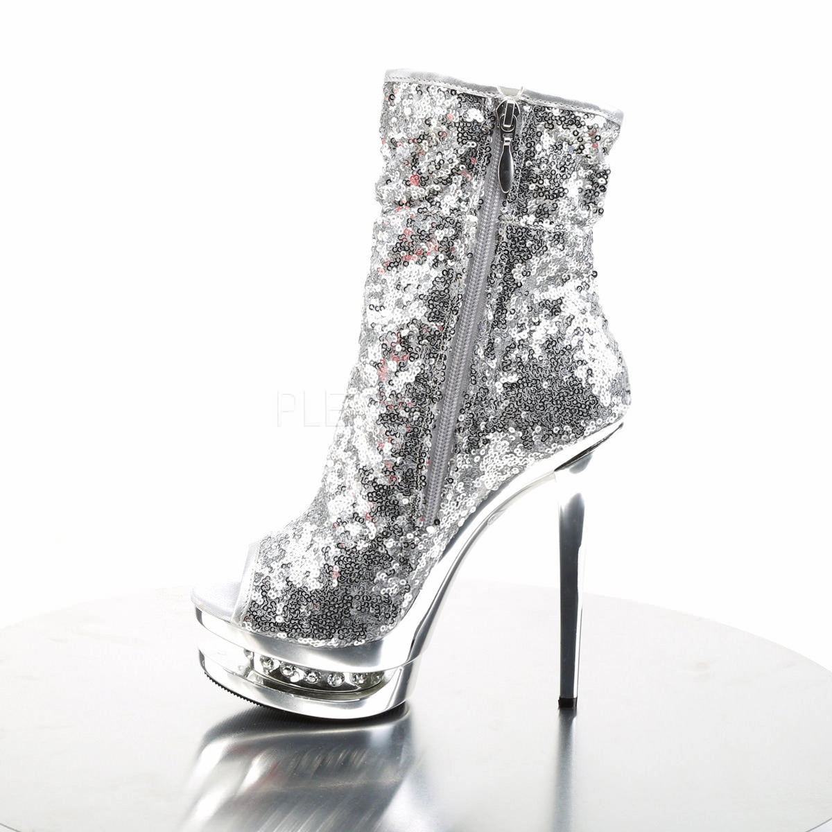 PLEASER BLONDIE-R-1008 Silver Sequins-Silver Chrome Ankle Boots