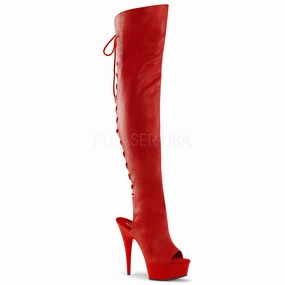 Pleaser DELIGHT-3019 Red Faux Leather Thigh High Boots With Red Matte Platform