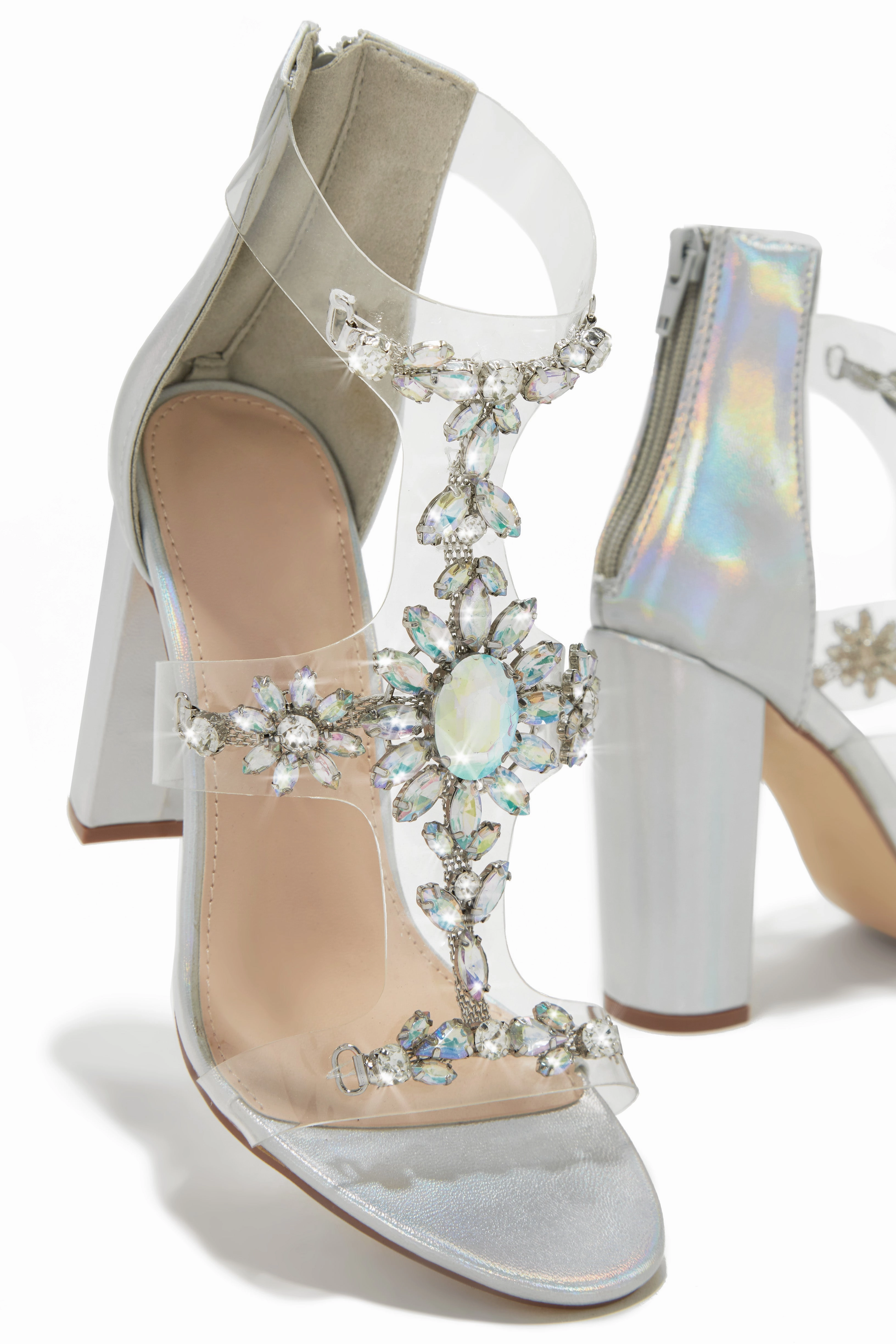 Queen Energy Embellished Clear Strap High Heels - Silver
