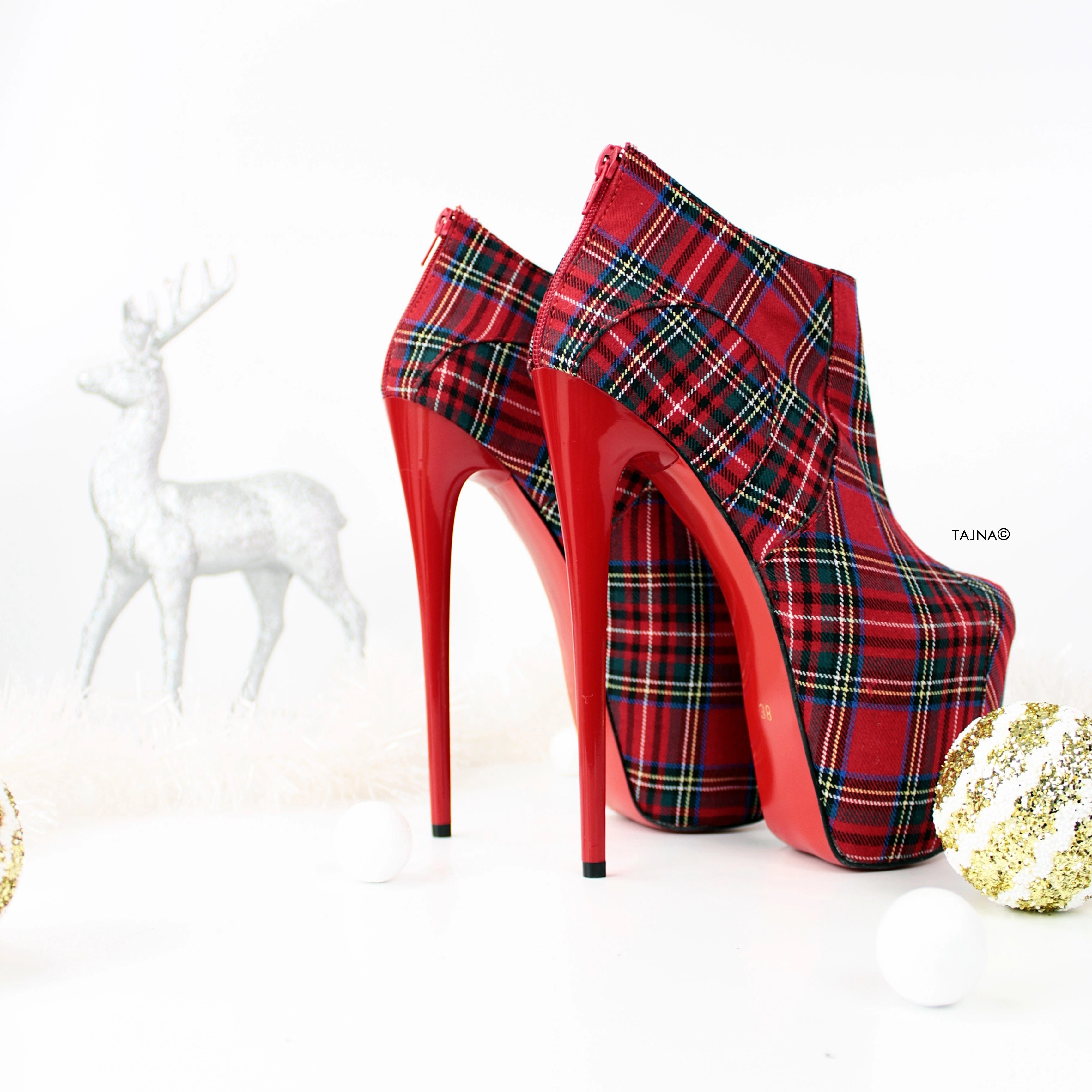 Red Tartan Ankle High Heels