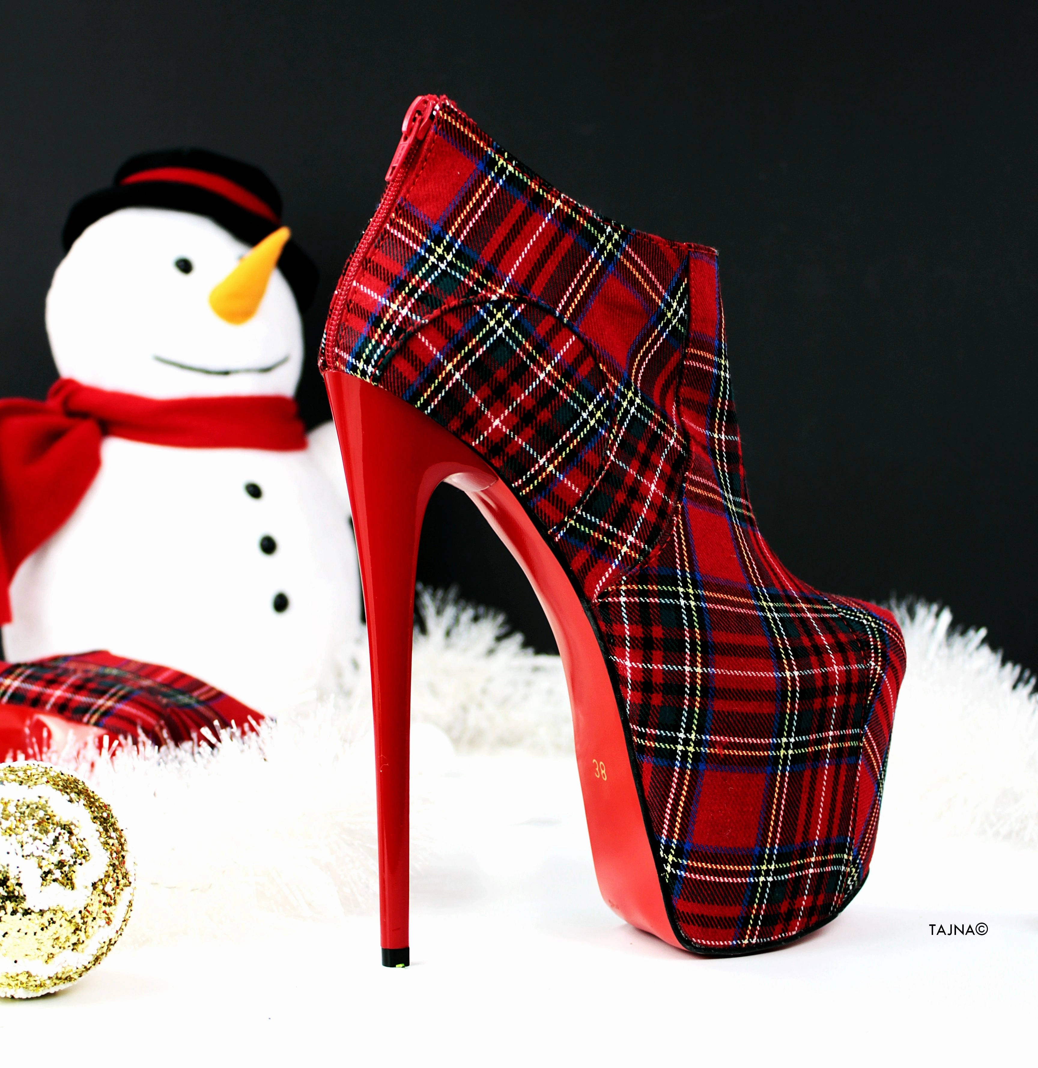 Red Tartan Ankle High Heels