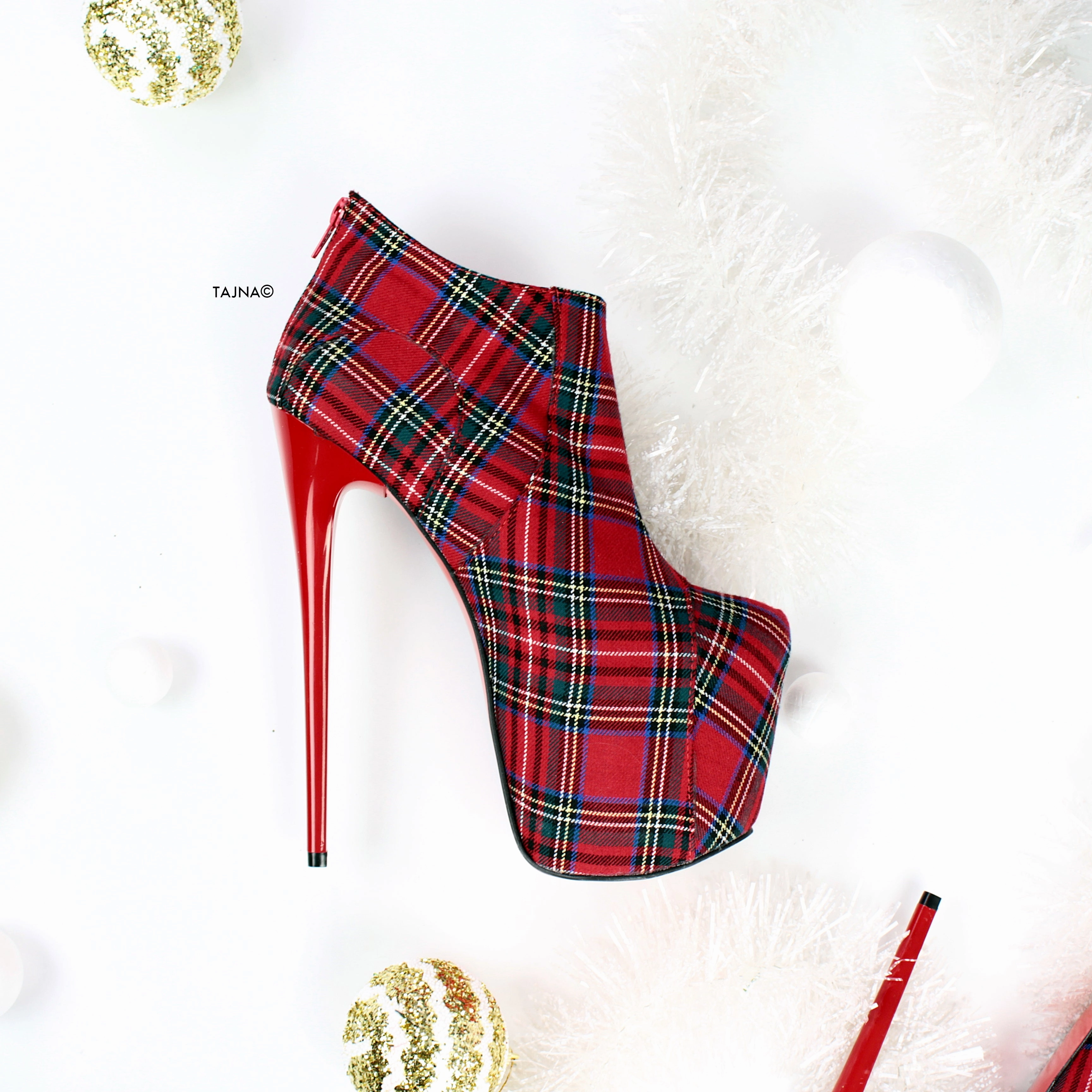 Red Tartan Ankle High Heels