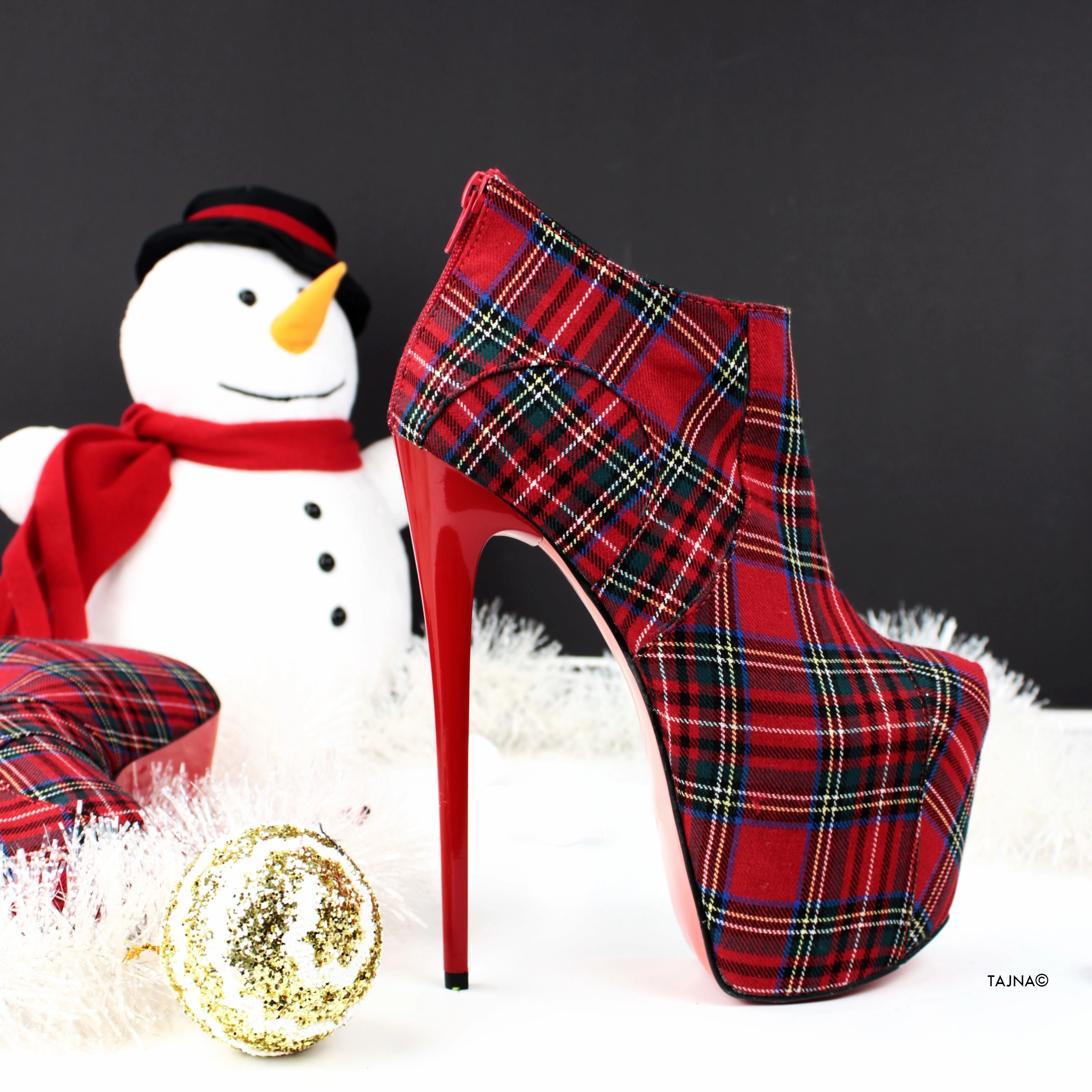 Red Tartan Ankle High Heels
