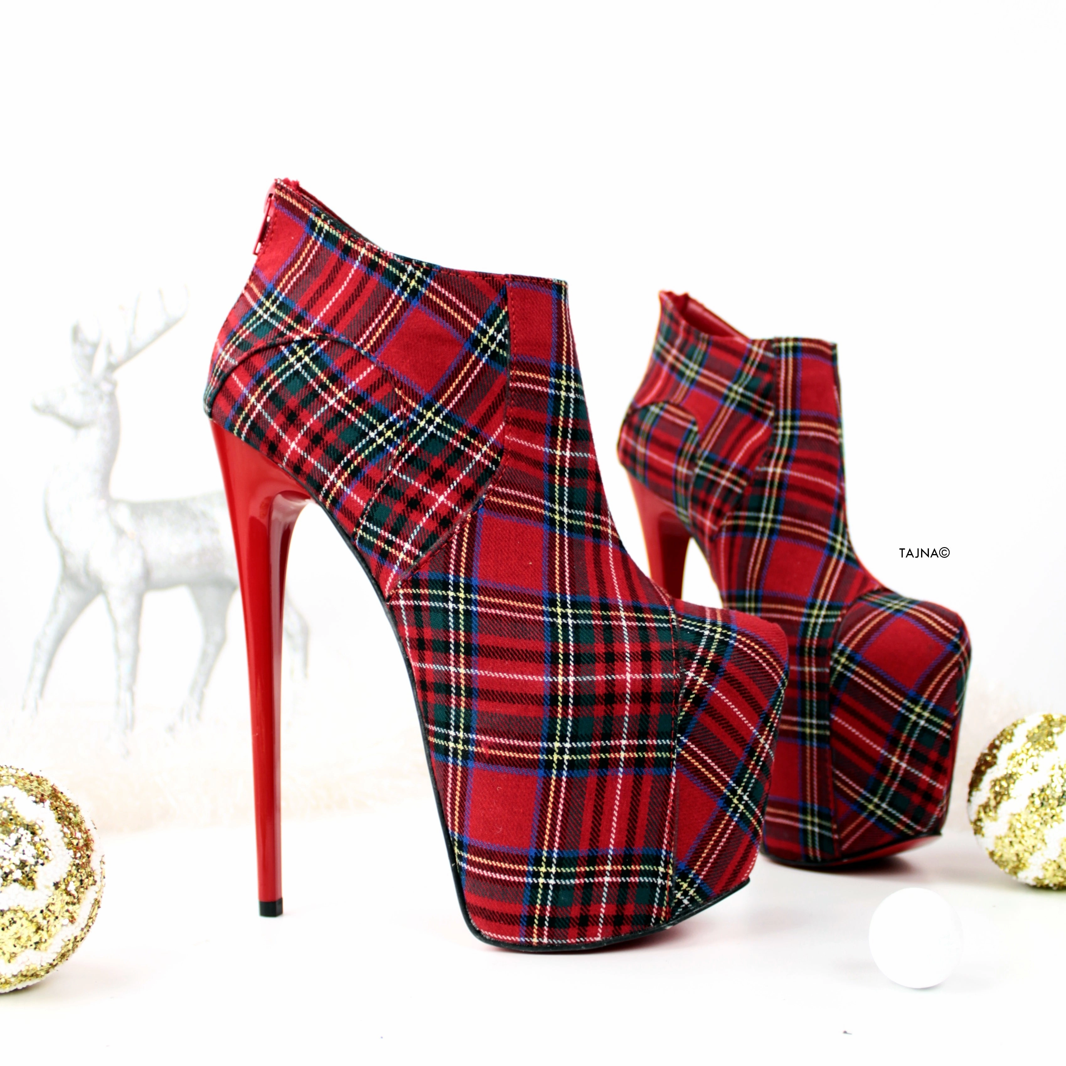 Red Tartan Ankle High Heels