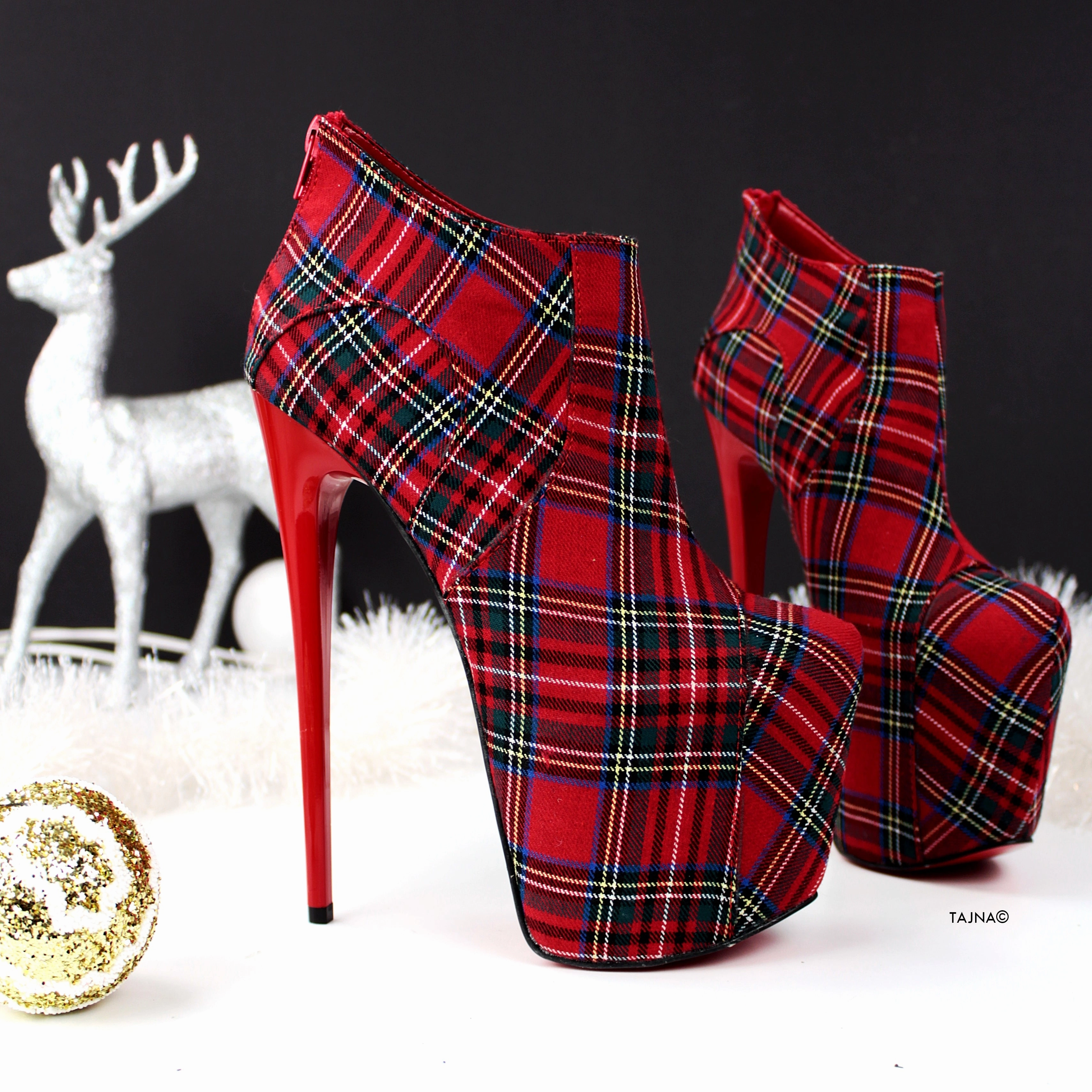 Red Tartan Ankle High Heels