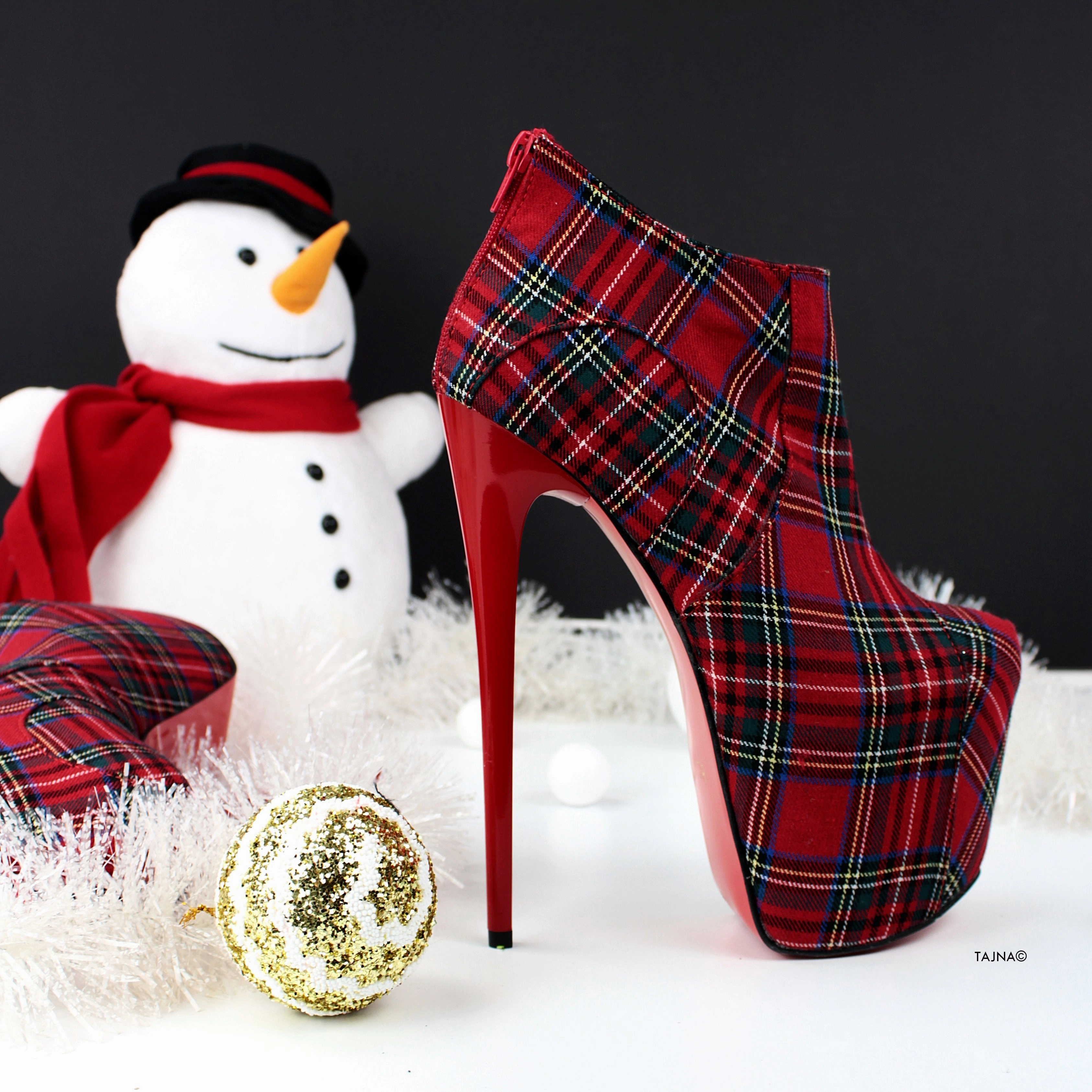 Red Tartan Ankle High Heels