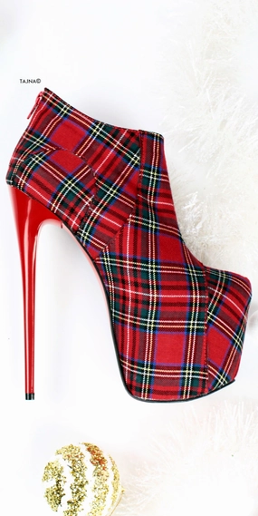 Red Tartan Ankle High Heels