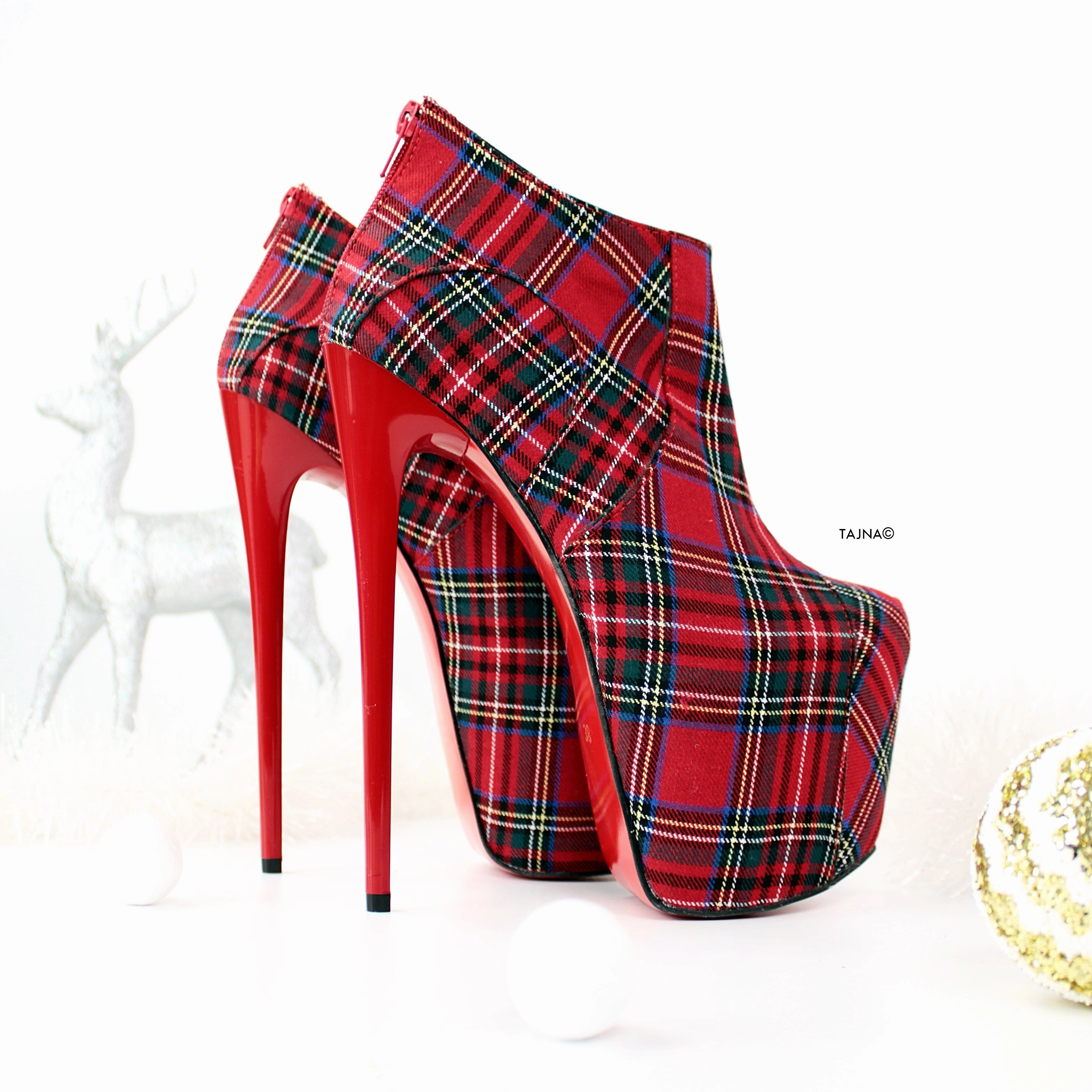 Red Tartan Ankle High Heels