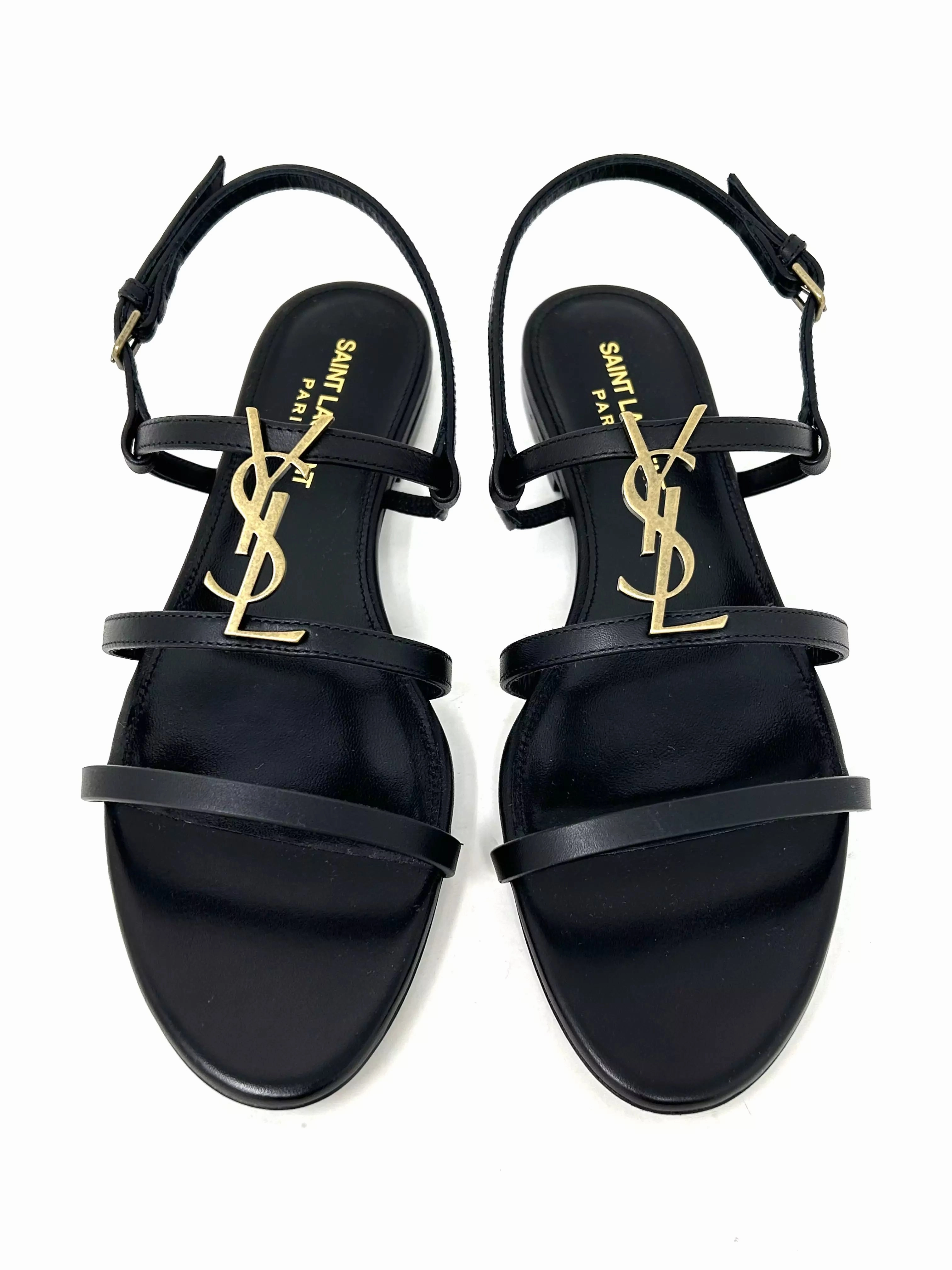 Saint Laurent Cassandra Black Leather Metal YSL Logo Flat Sandals 37 UK 4