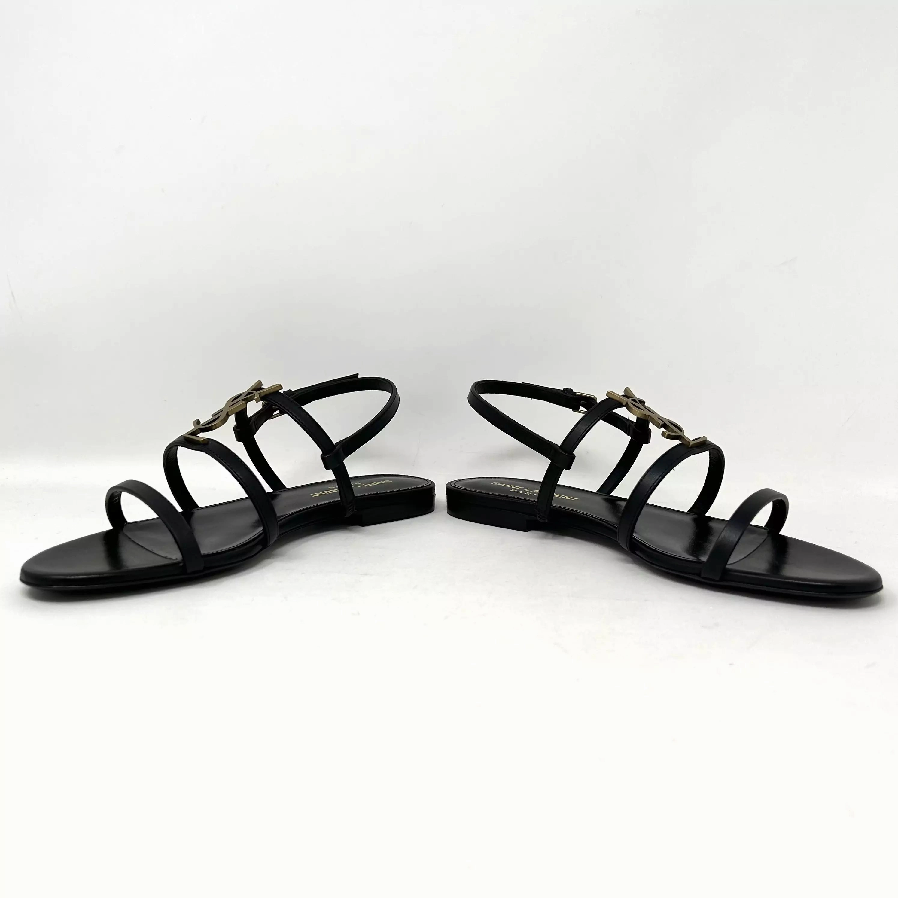 Saint Laurent Cassandra Black Leather Metal YSL Logo Flat Sandals 37 UK 4