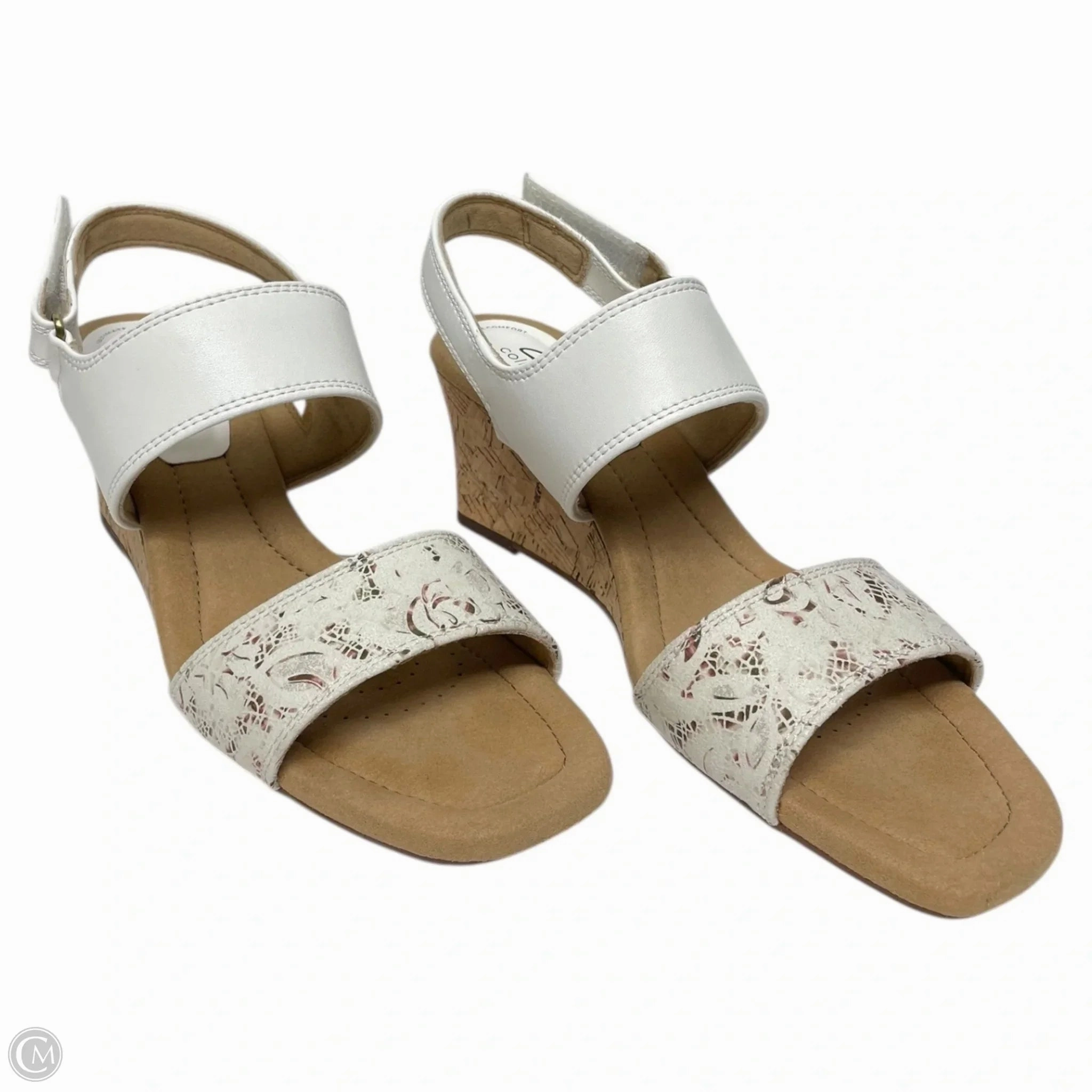 Sandals Heels Wedge By Clarks In Tan & White, Size: 8.5