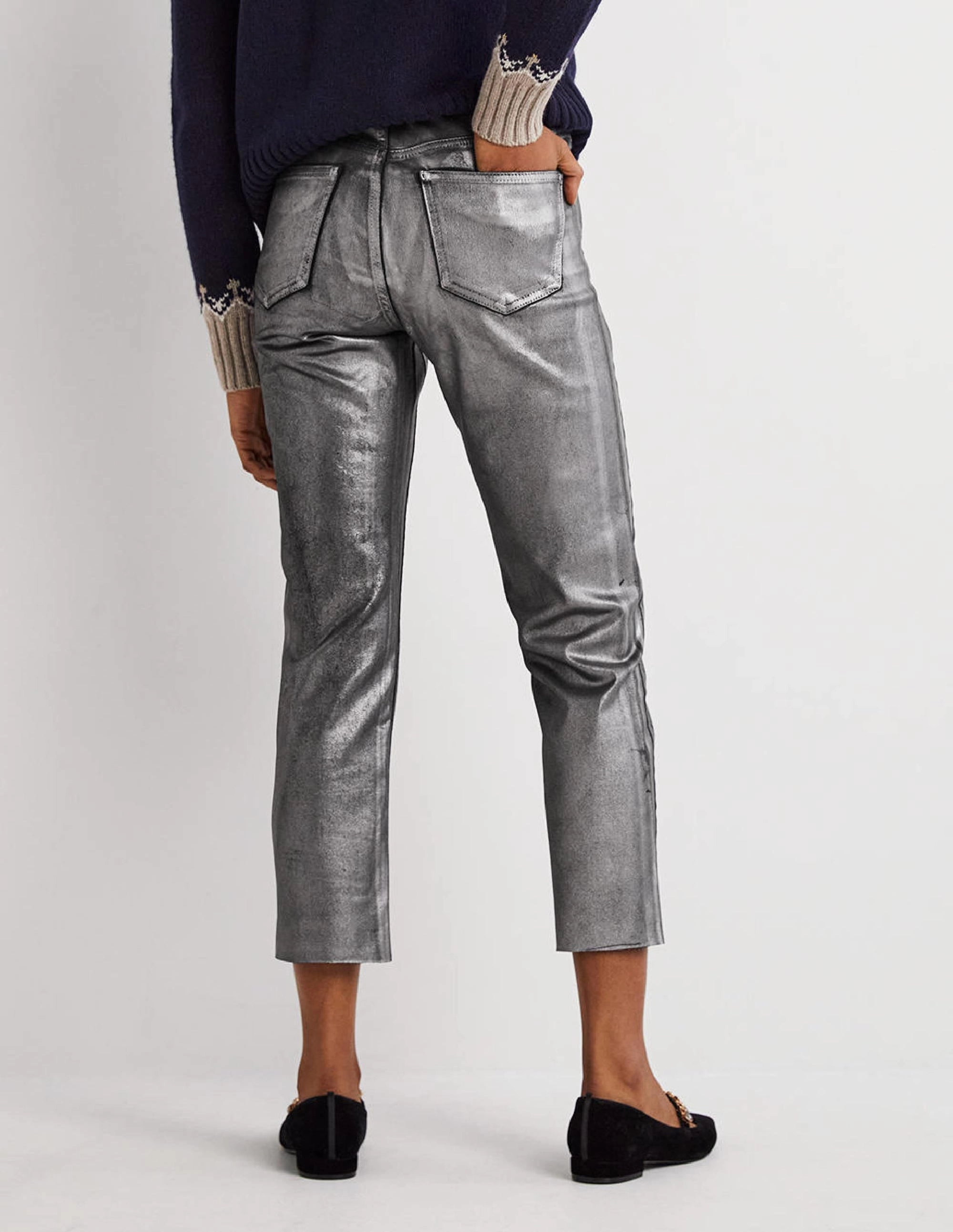 Straight Leg Metallic Trousers-Party Gunmetal Metallic