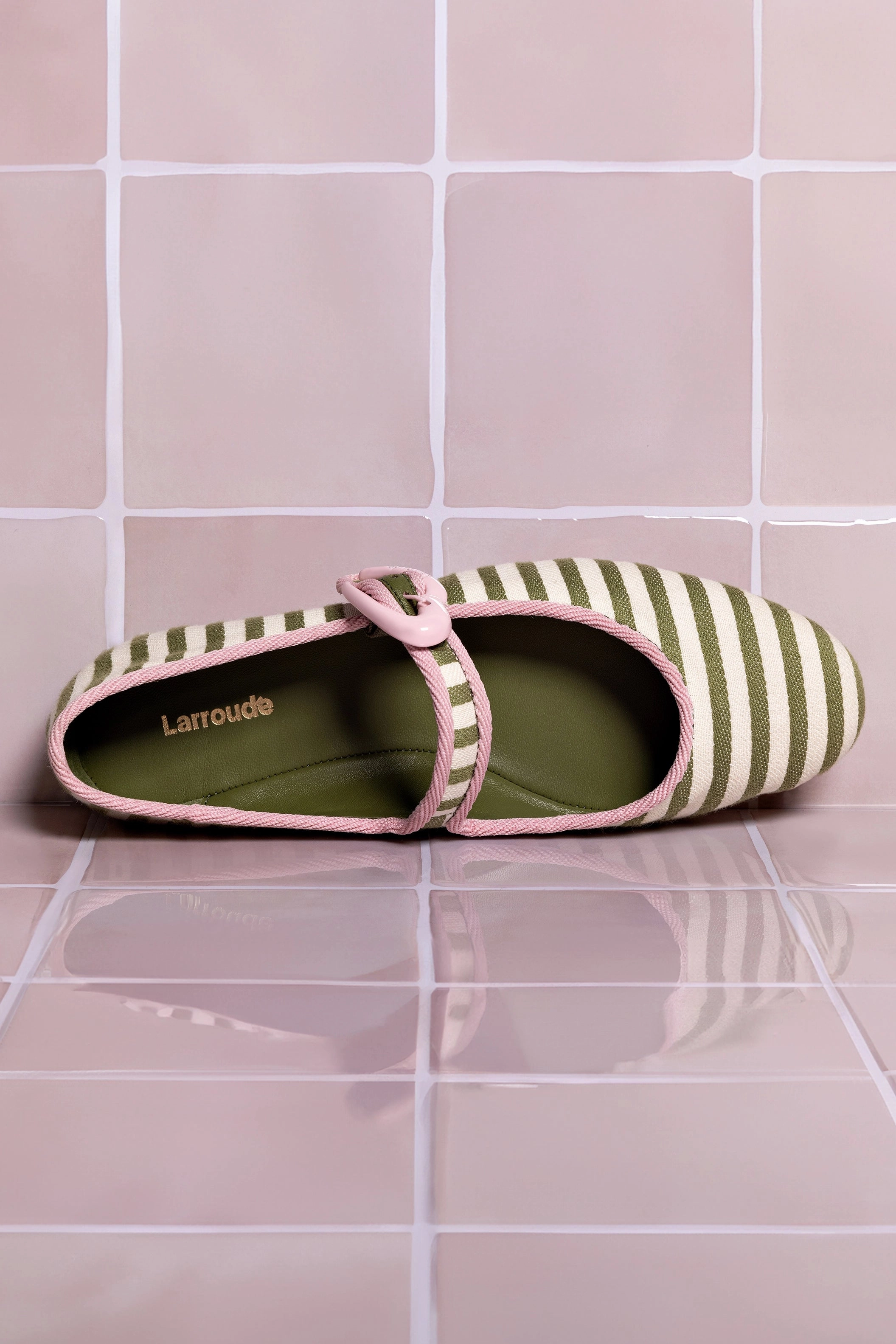 Verona Ballet Flat In Seaweed and Natural Striped Fabric and Tulip Trimming