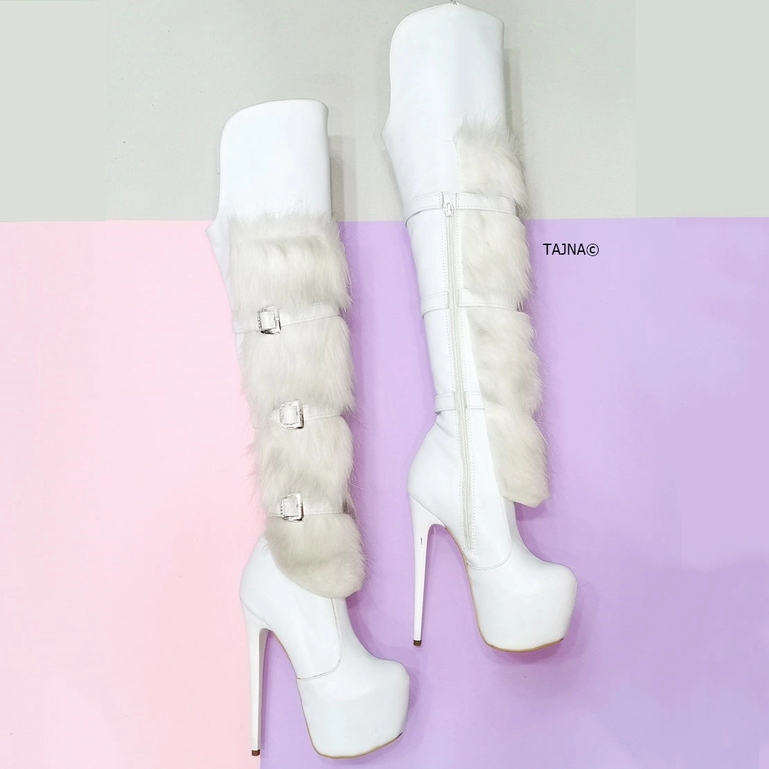White Fur Detail Belted Platform Boots
