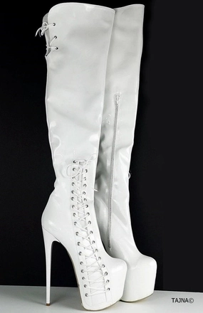 White Patent Corset Style Long Boots