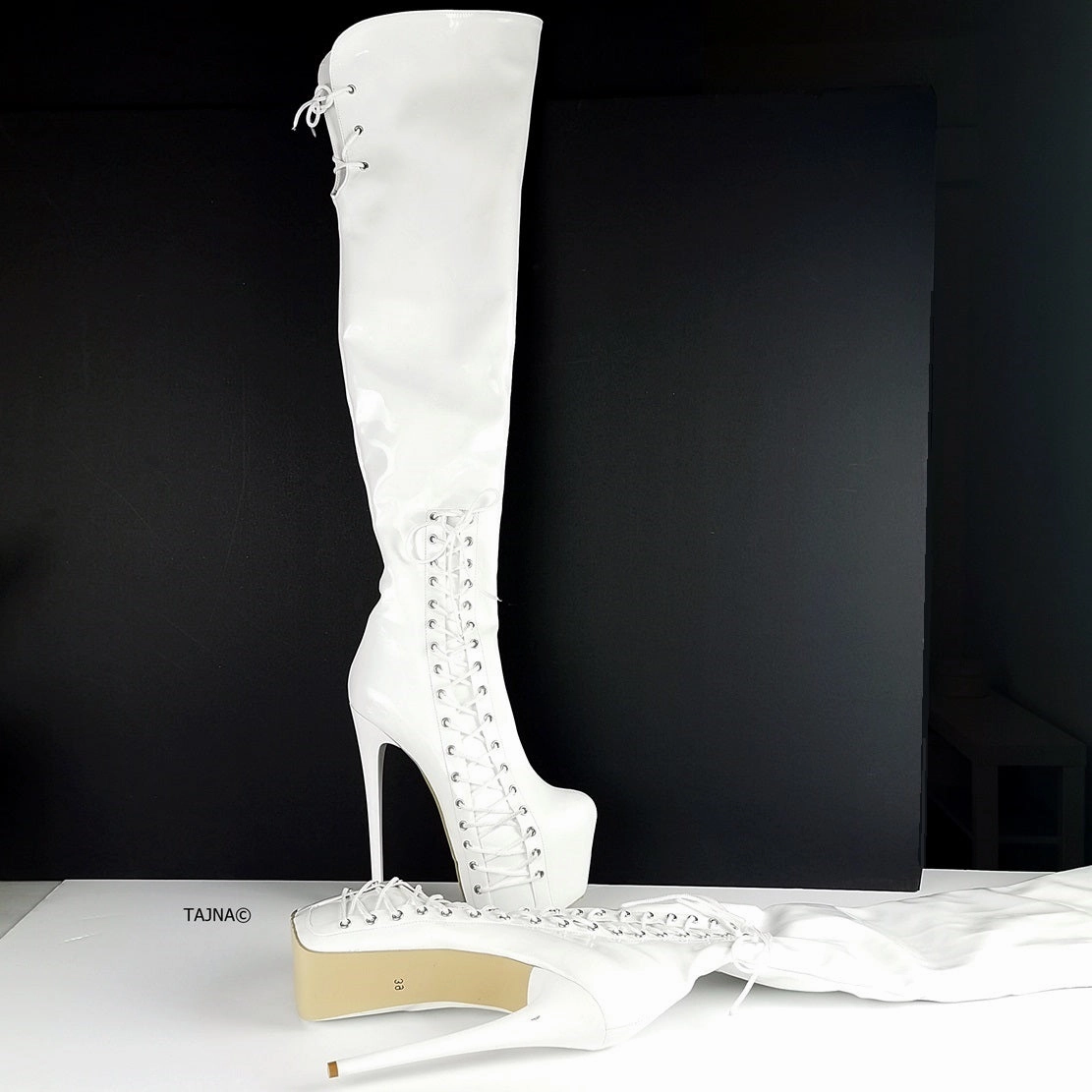 White Patent Corset Style Long Boots